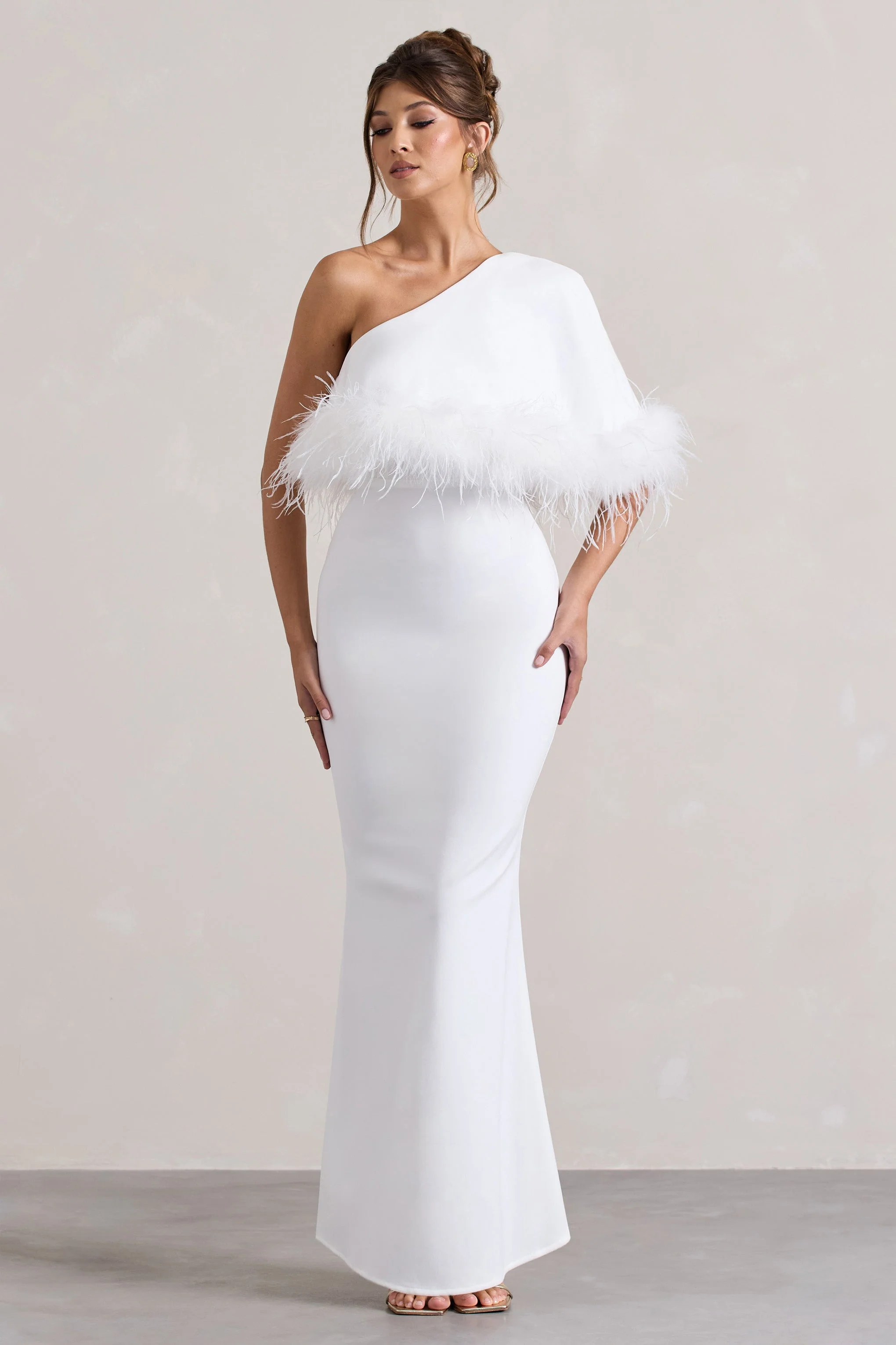 Valor | White Asymmetric Maxi Dress With Feather Trim