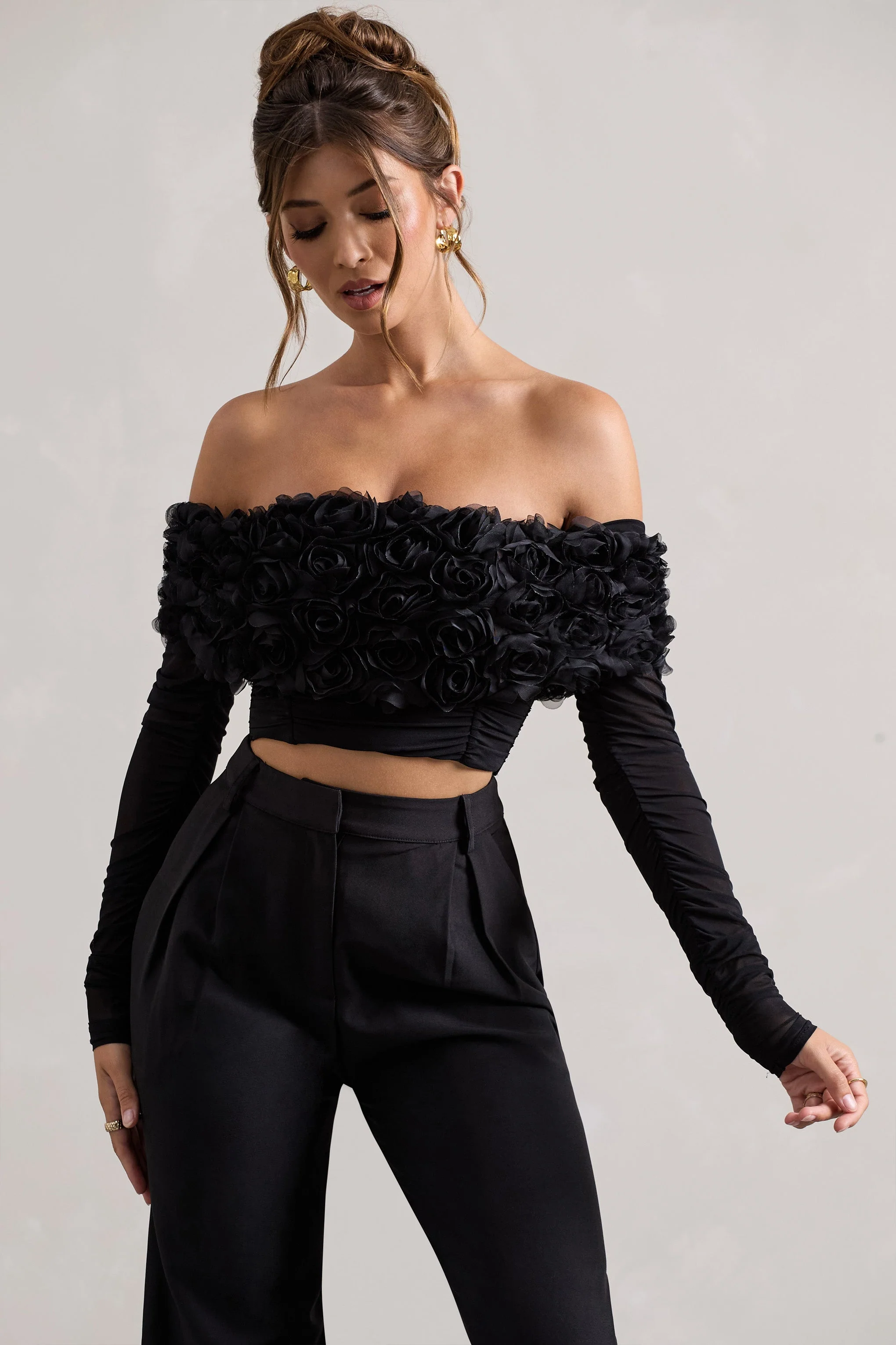 Libbie | Black Mesh Floral Bardot Top