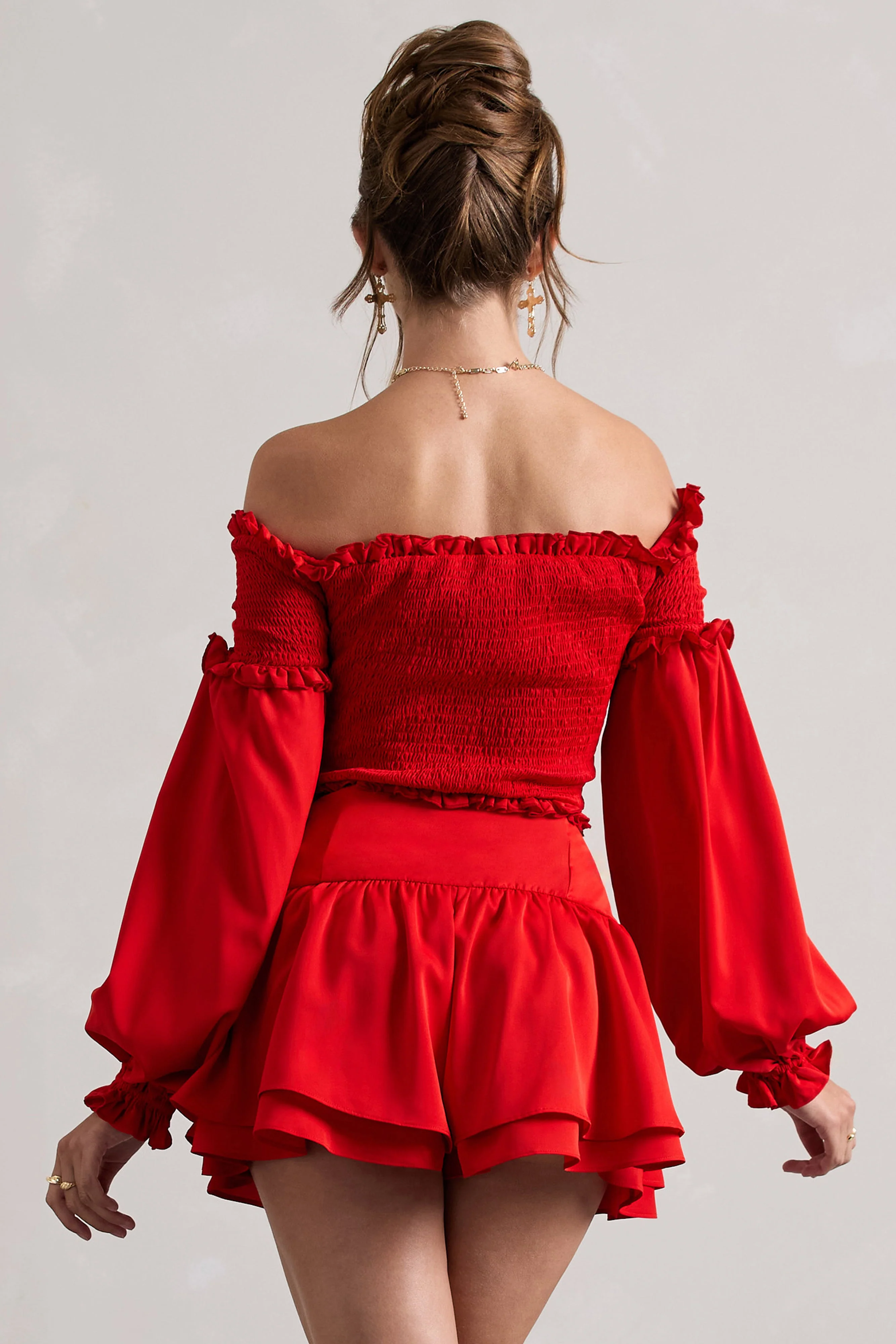 Salara | Red Ruched Bardot Top With Balloon Sleeves