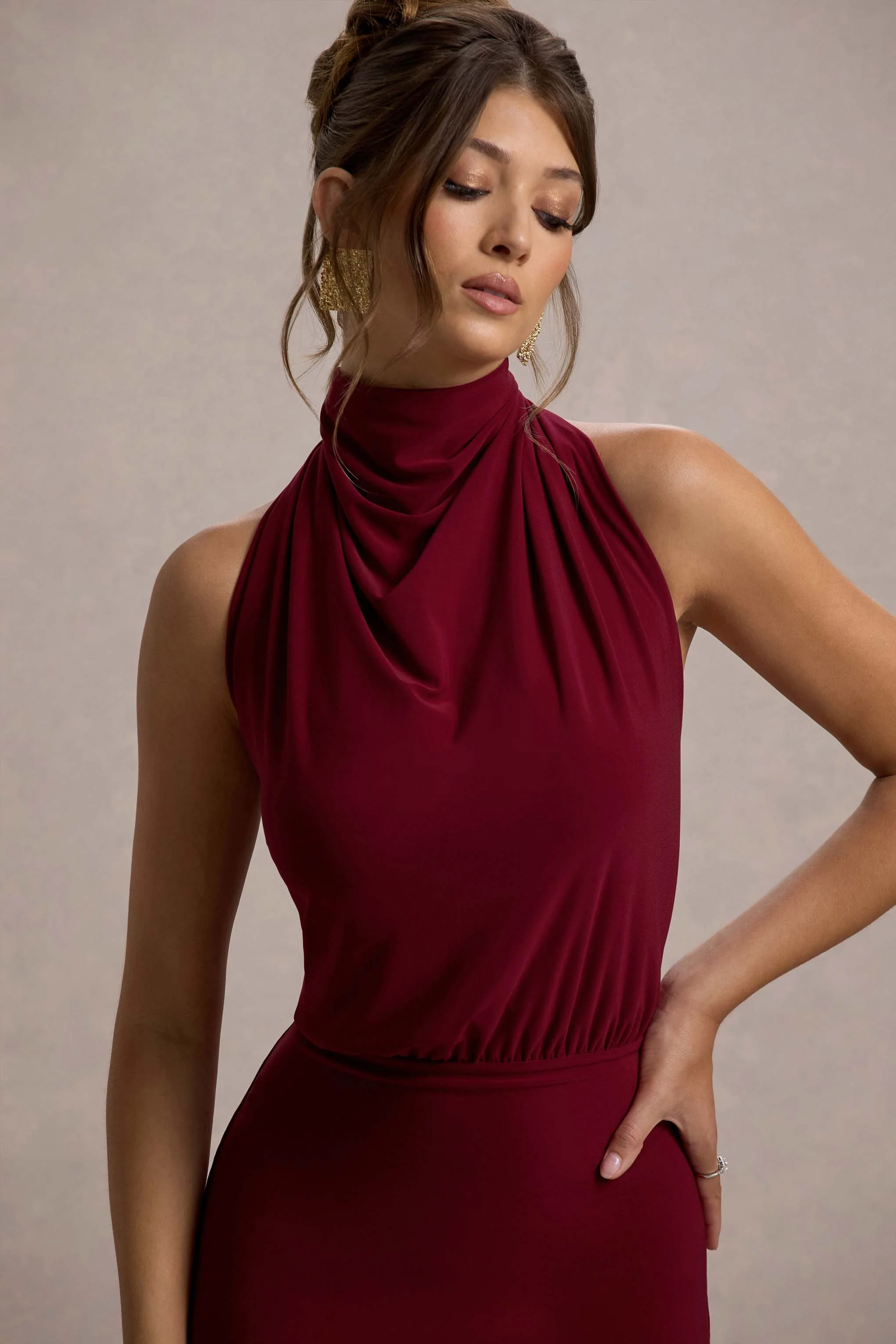 Prianyka | Berry High-Neck Draped Midi Dress