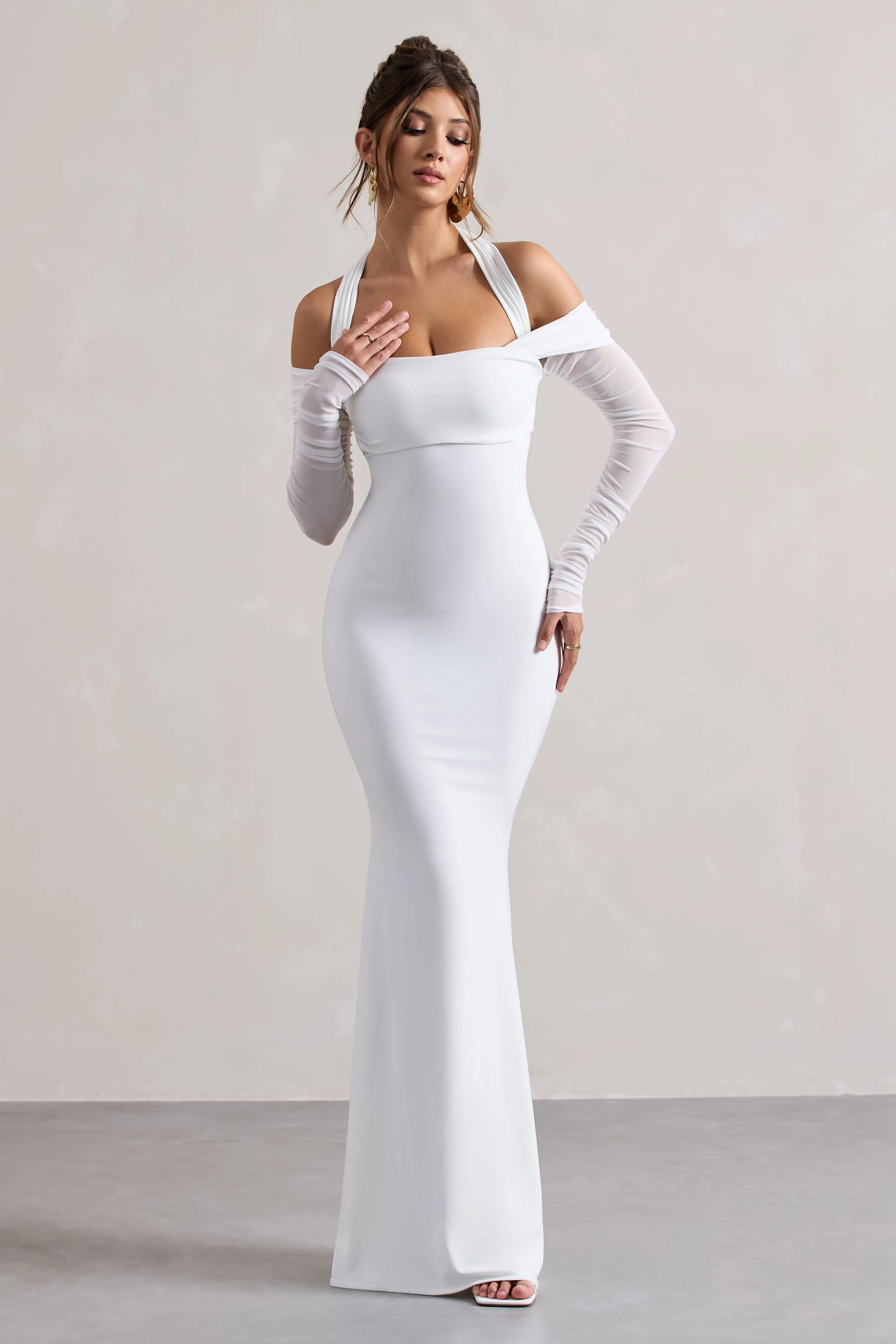 Malisha | White Halter-Neck Long-Sleeve  Maxi Dress