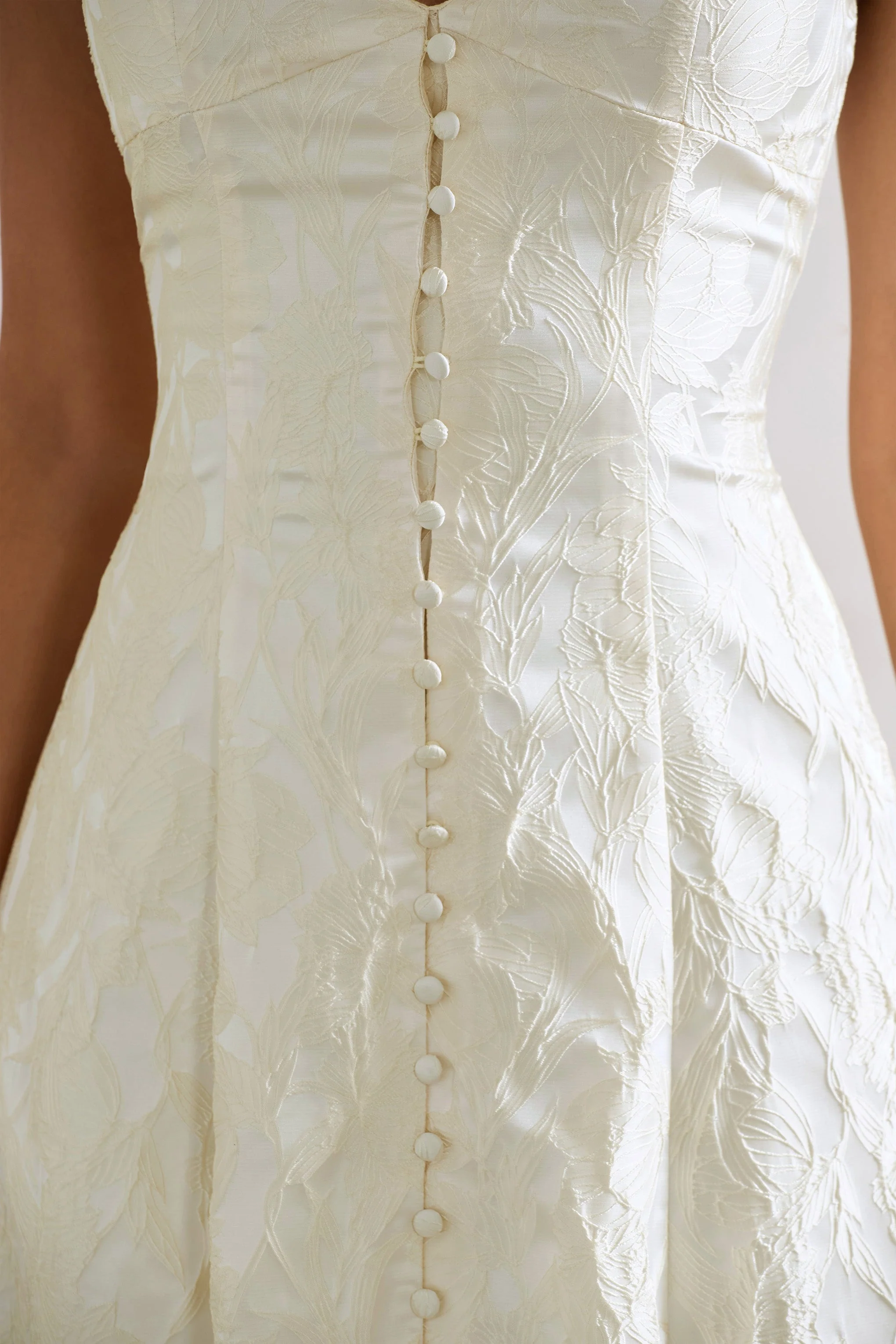 Mona | Ecru Jacquard Plunge-Neck Button Midi Dress