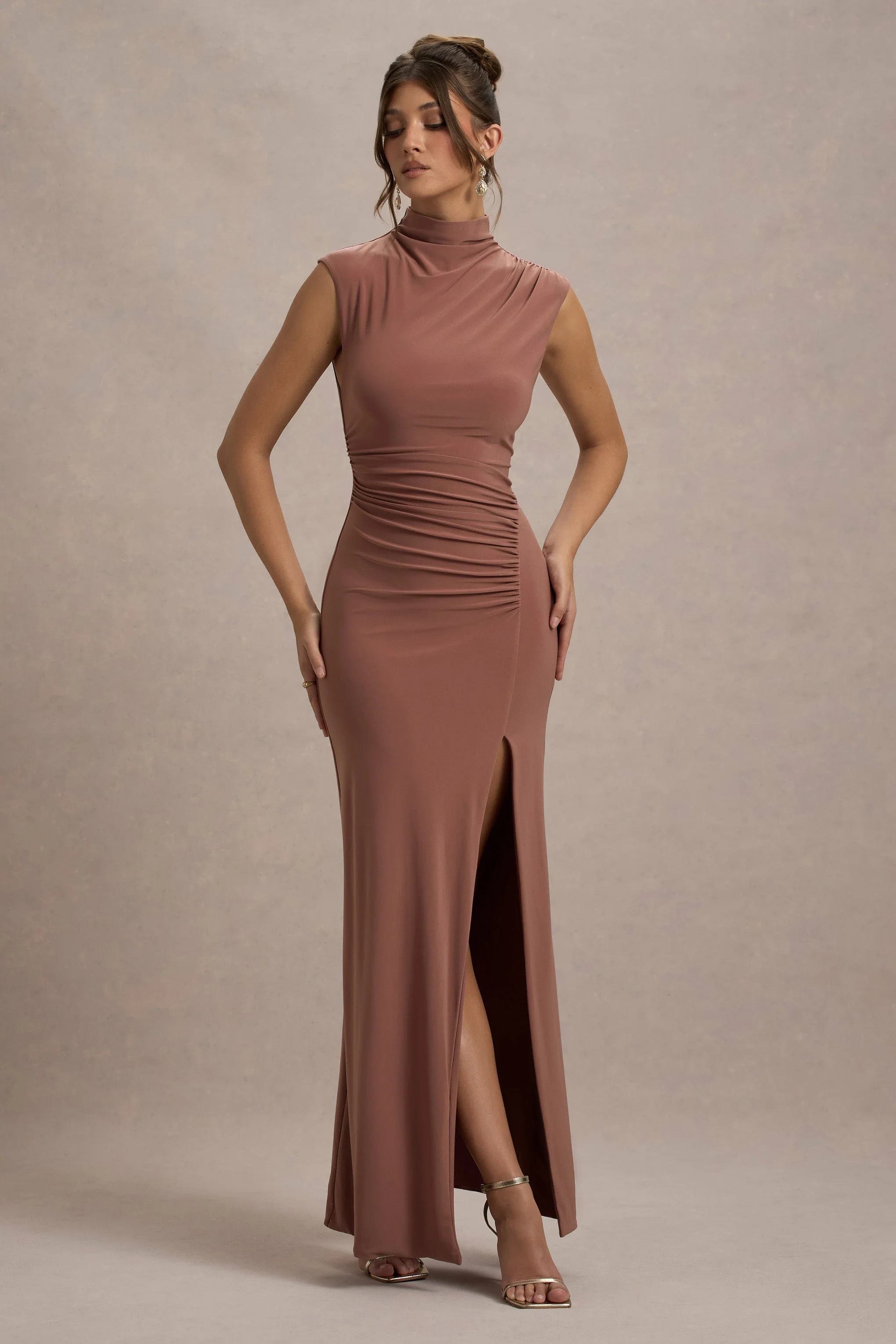 Lanetta | Chestnut Brown Ruched High-Neck Maxi Dress With Split
