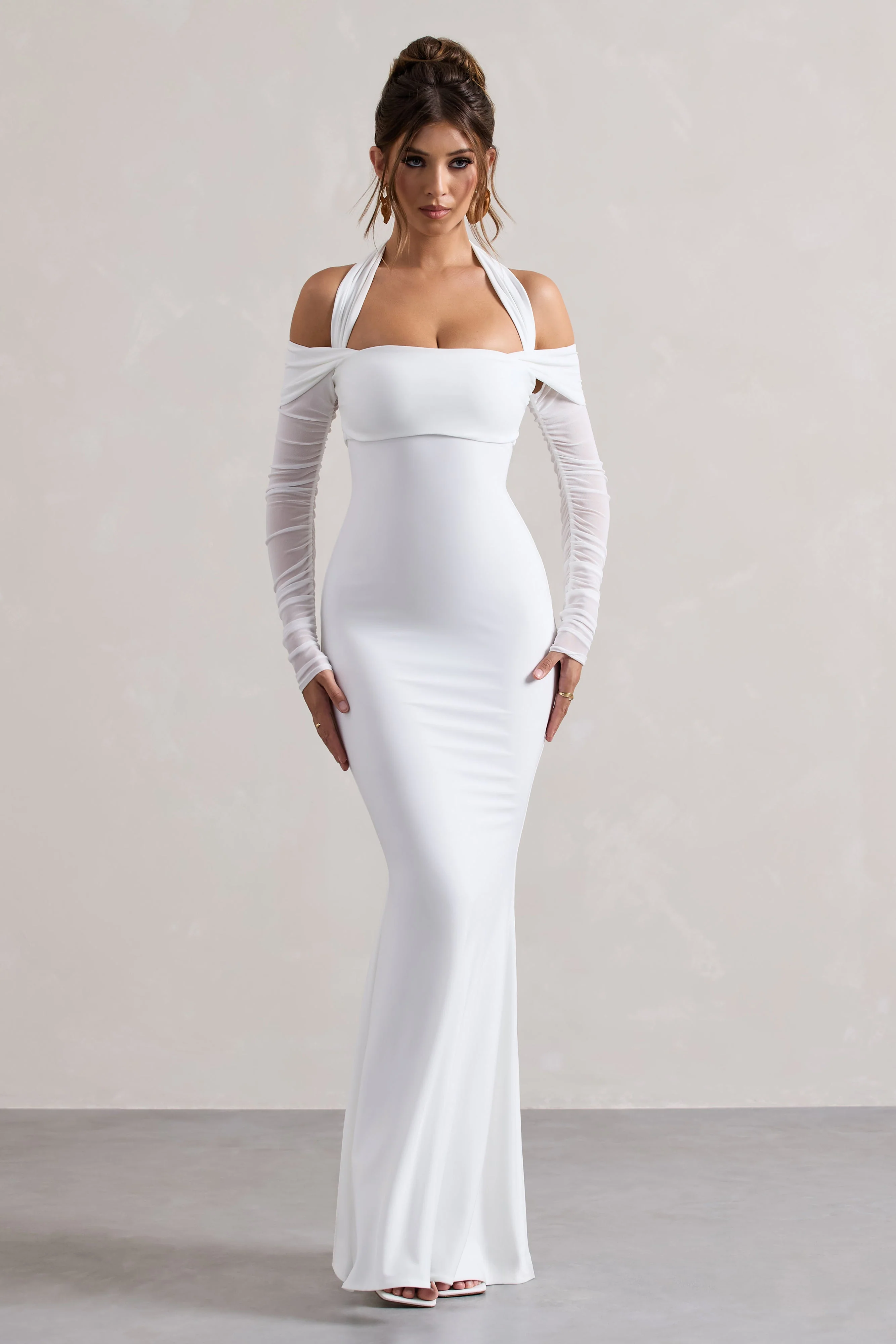 Malisha | White Halter-Neck Long-Sleeve  Maxi Dress