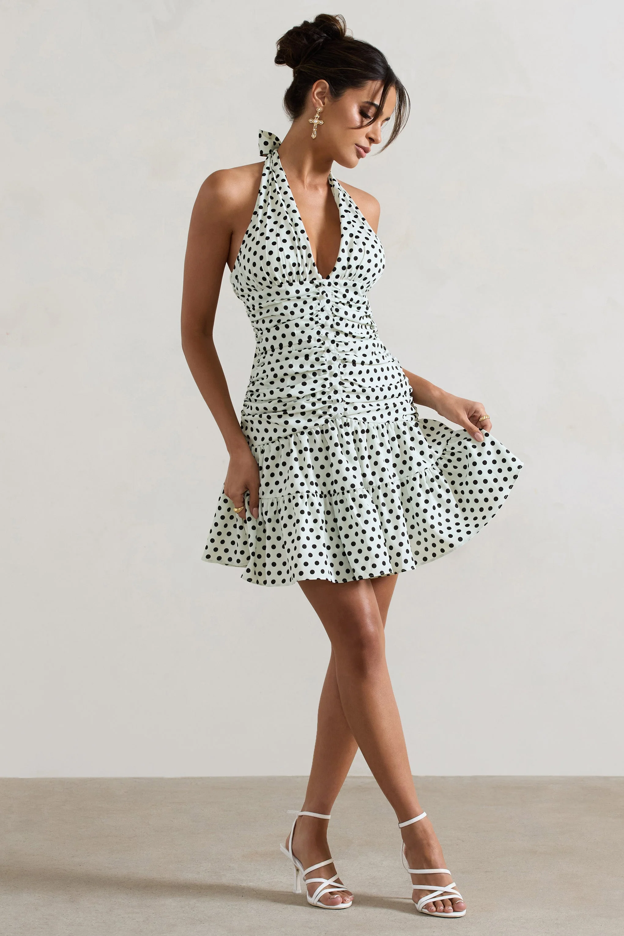 Verde | Polka Dot V-Neck Ruched Mini Dress With Flared Hem