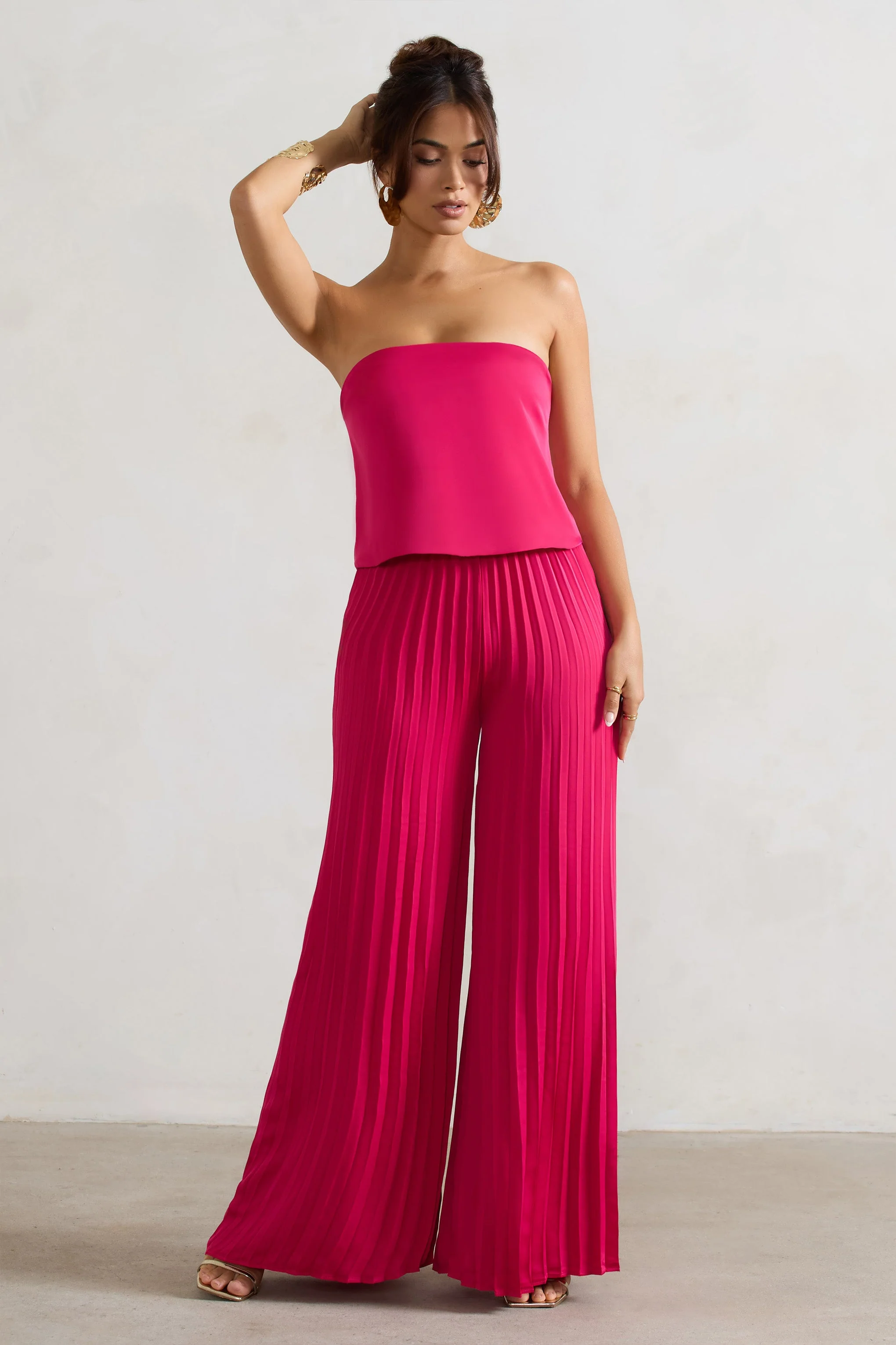 Tammi | Dark Pink Satin Strapless Plisse Wide-Leg Jumpsuit