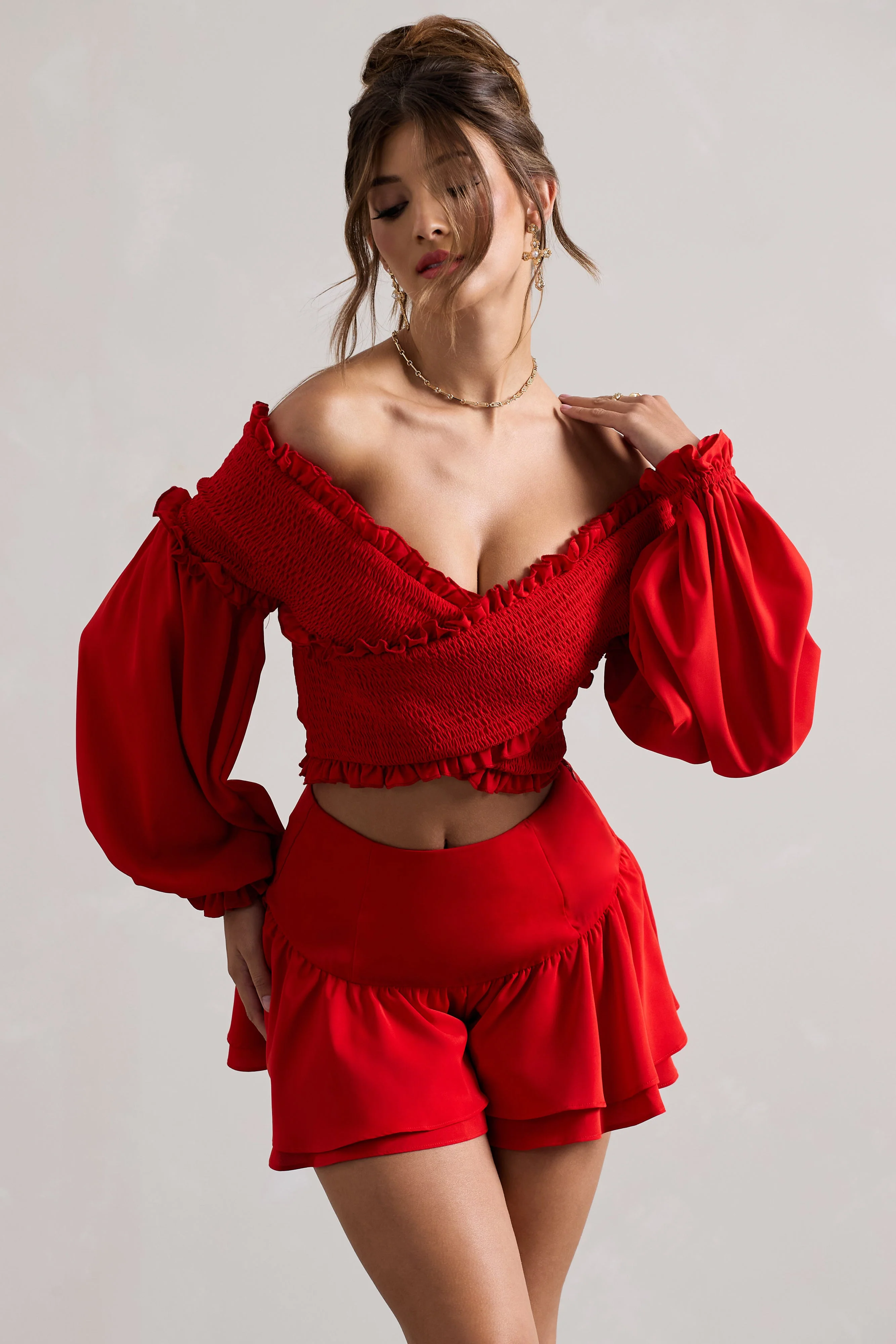 Salara | Red Ruched Bardot Top With Balloon Sleeves