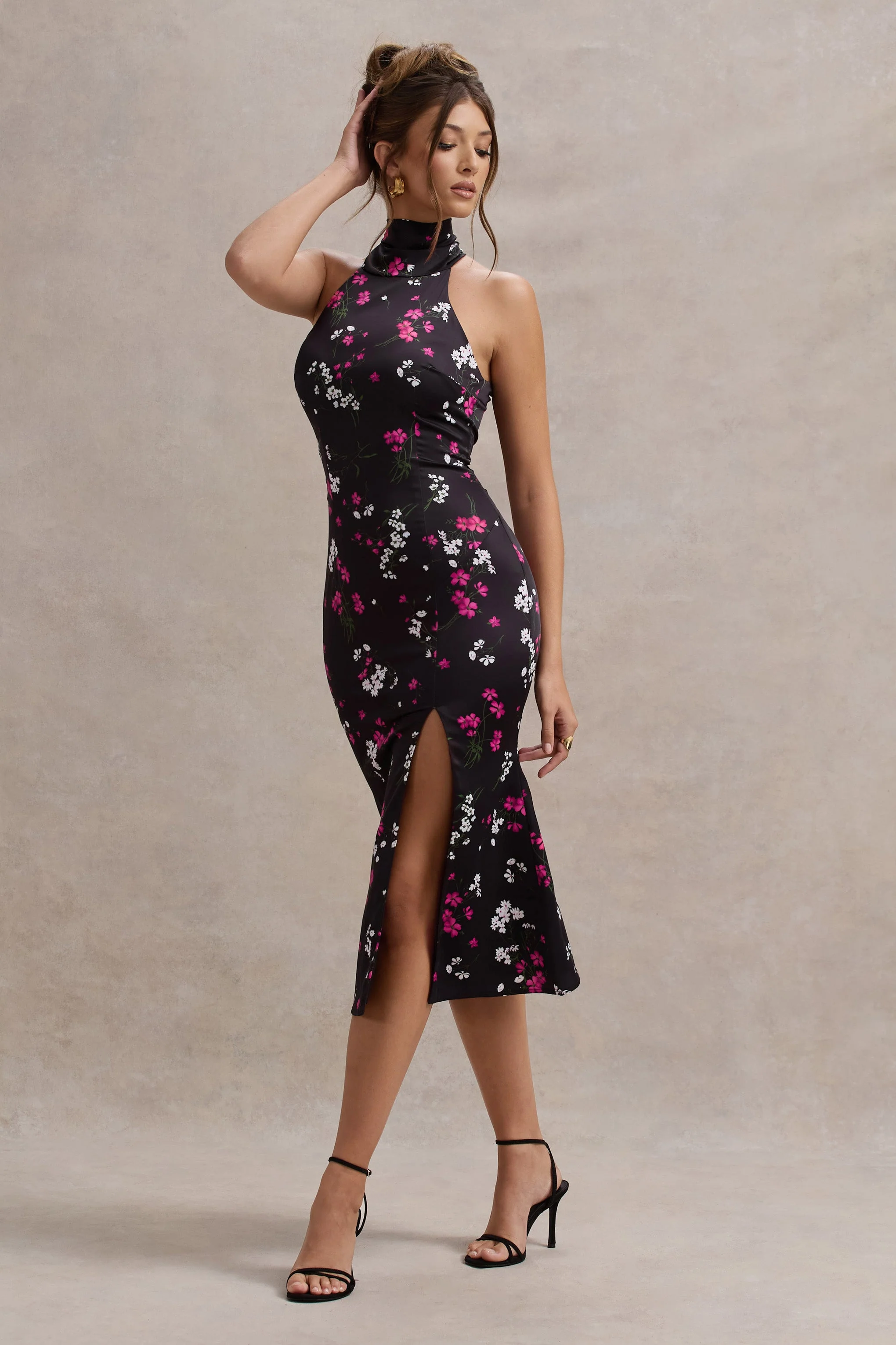 Violette | Black Ditsy Floral Print Satin High-Neck Split Midi Dress