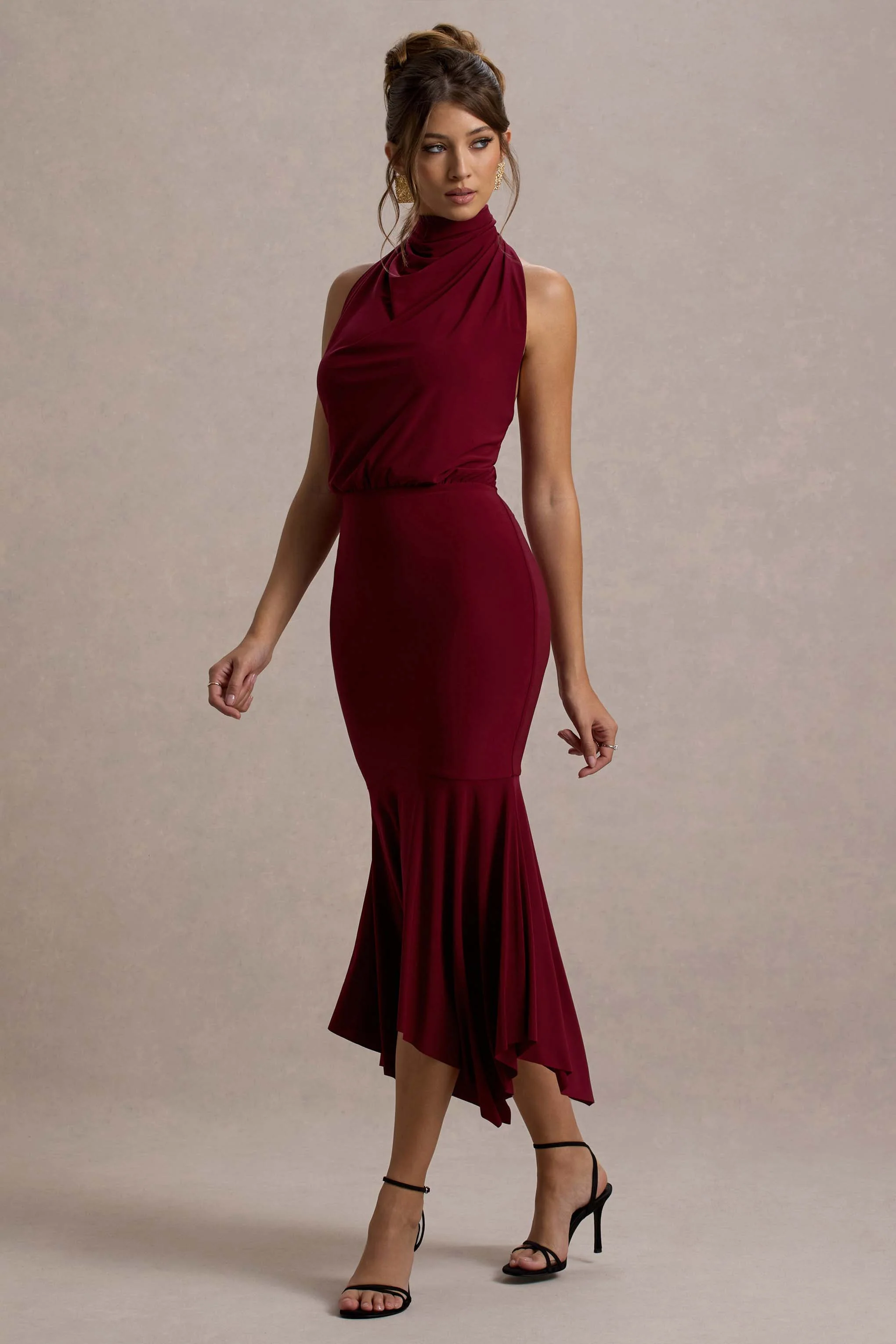 Prianyka | Berry High-Neck Draped Midi Dress