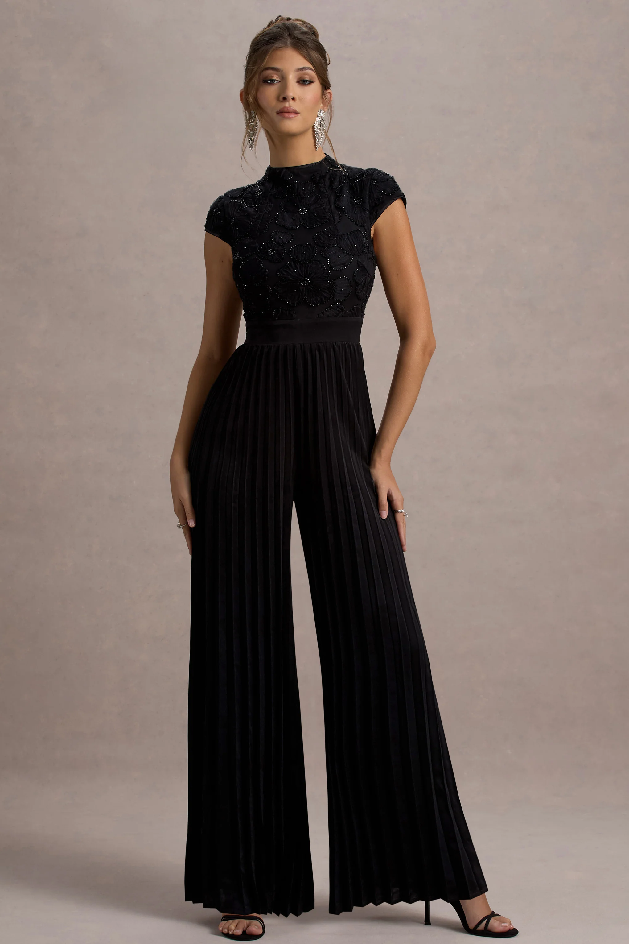 Tanner | Black Cap-Sleeve Plisse Wide-Leg Jumpsuit