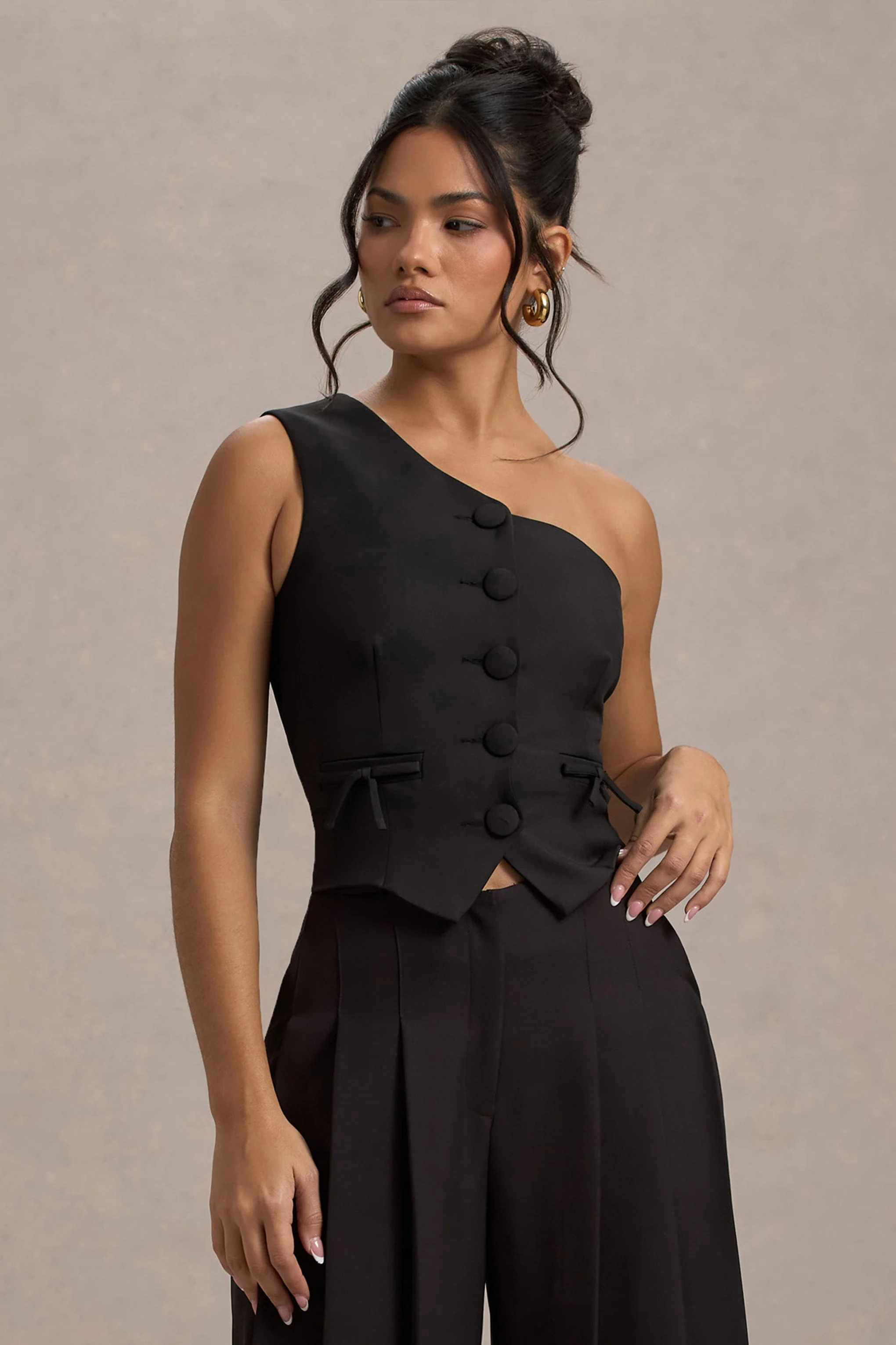Lelia | Black One Shoulder Tailored Top With Bows