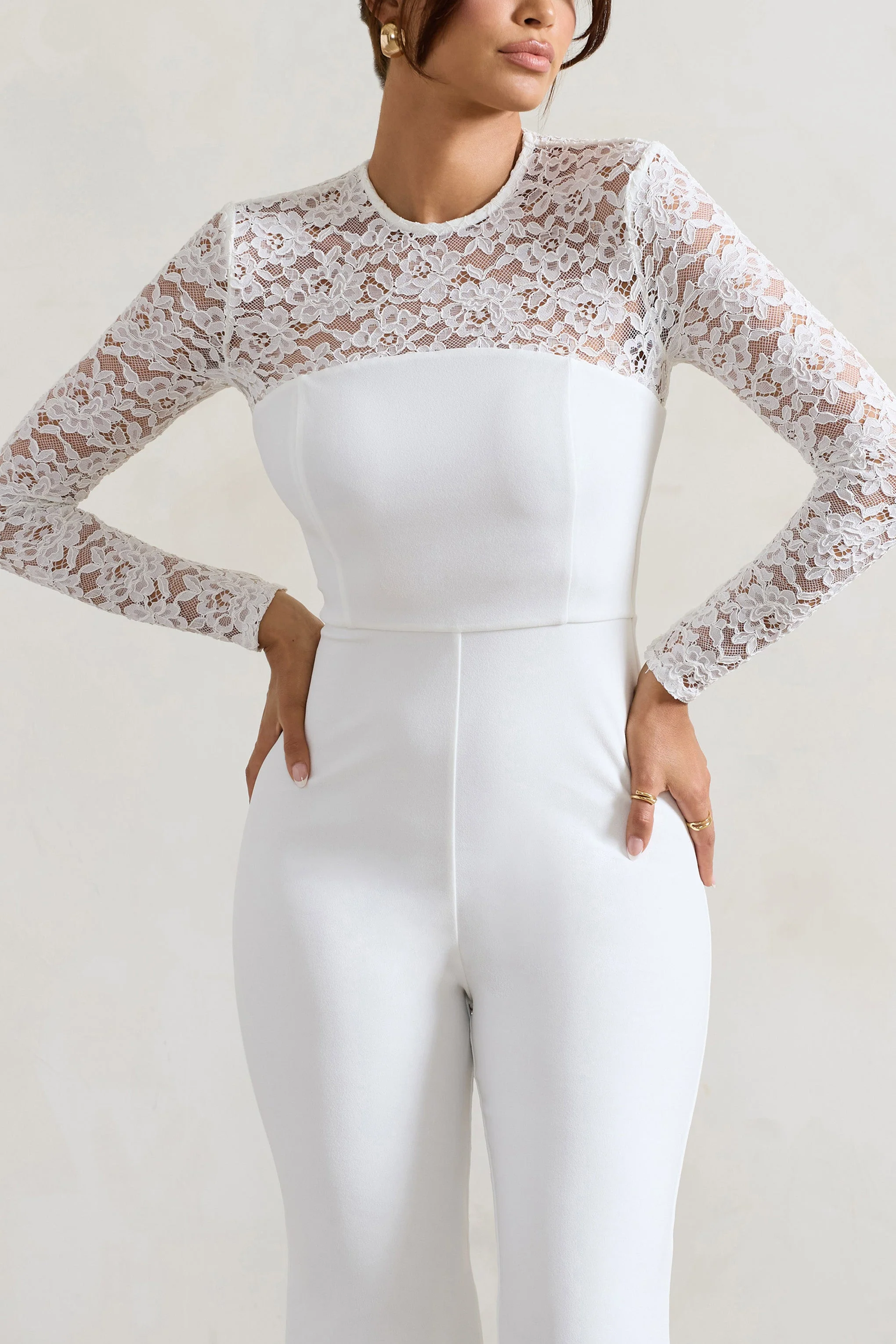Amari | White Lace Long-Sleeve Flared-Leg Jumpsuit