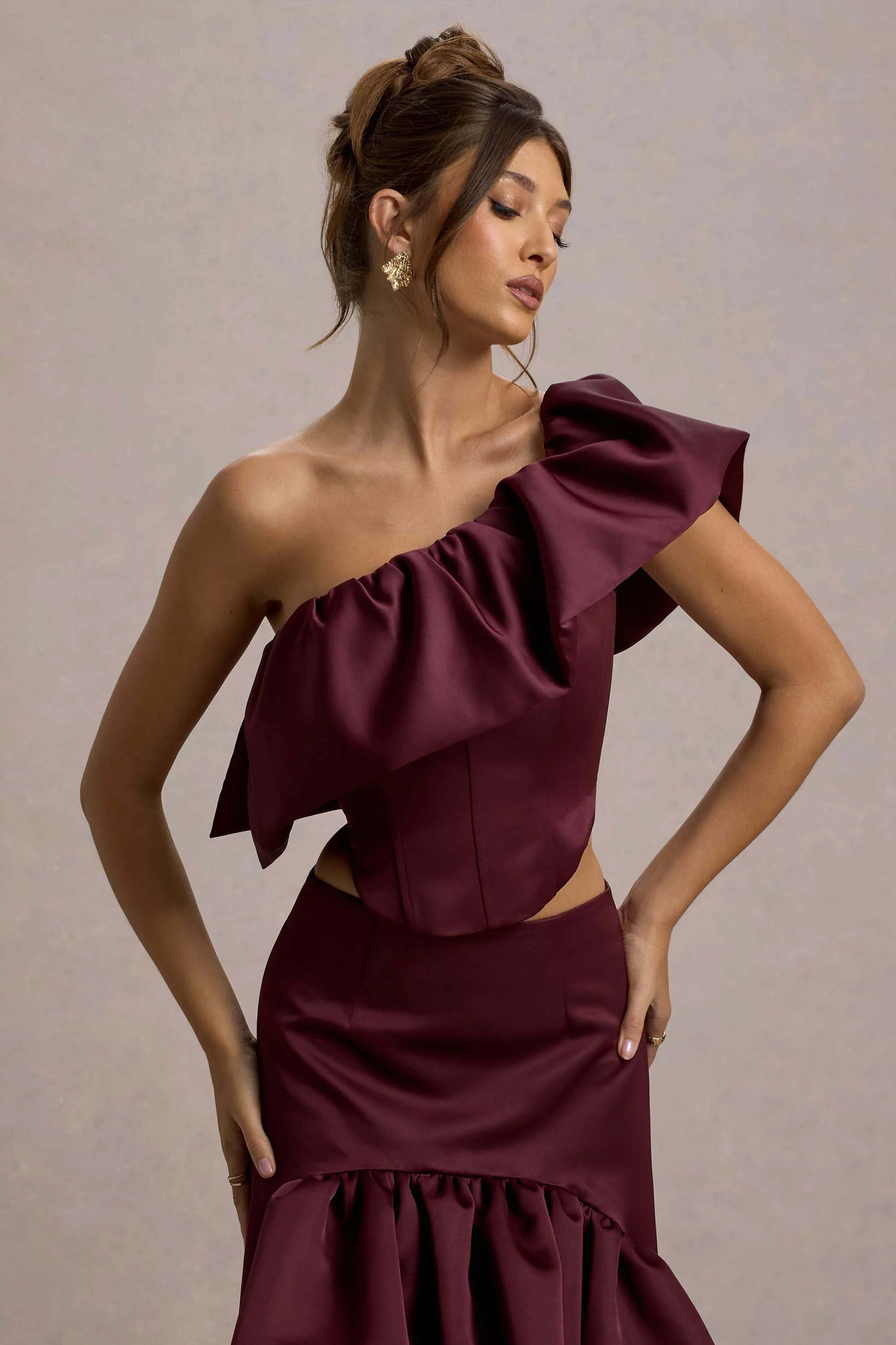 Sandie | Merlot Satin Bardot Ruffled Crop Top