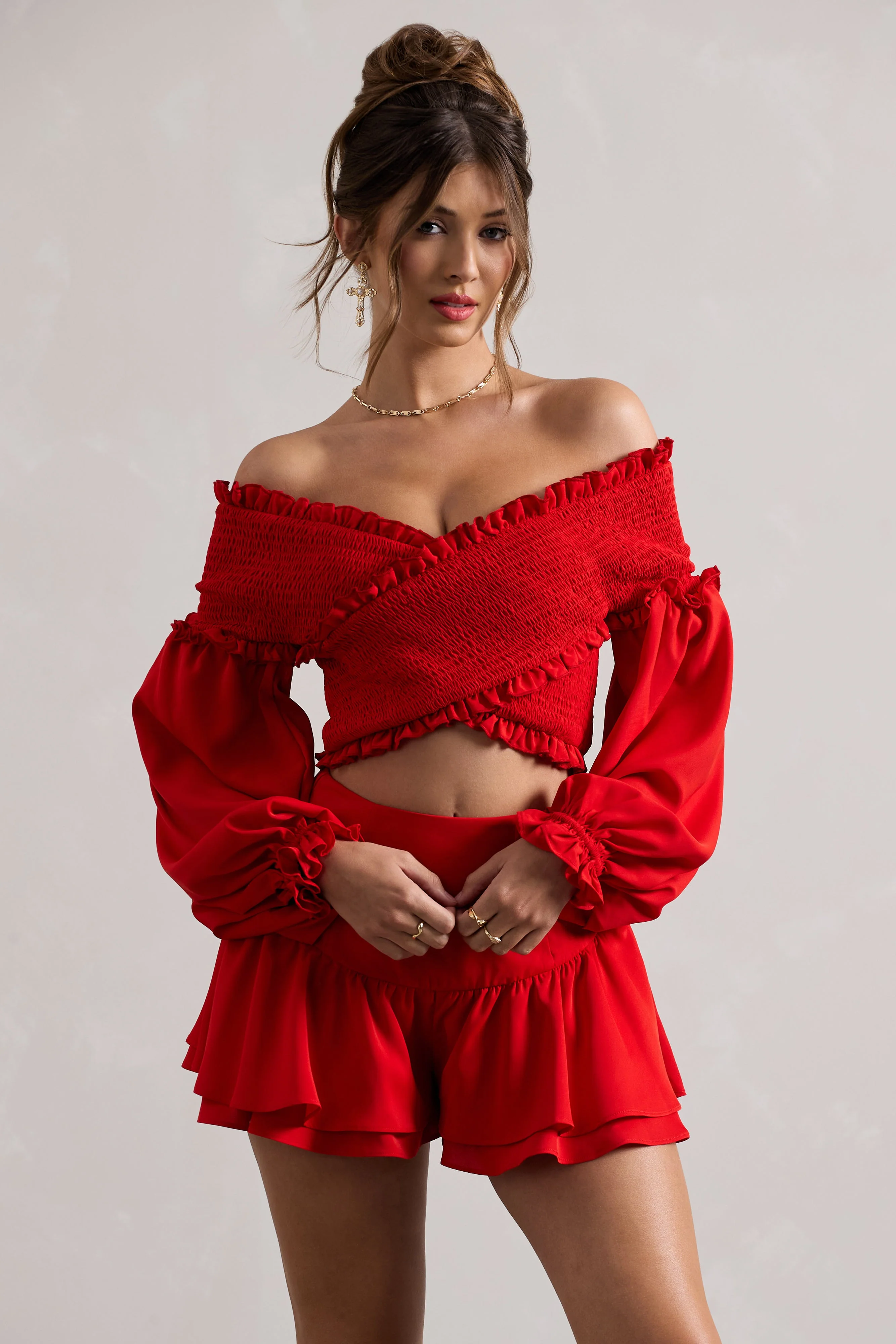 Salara | Red Ruched Bardot Top With Balloon Sleeves