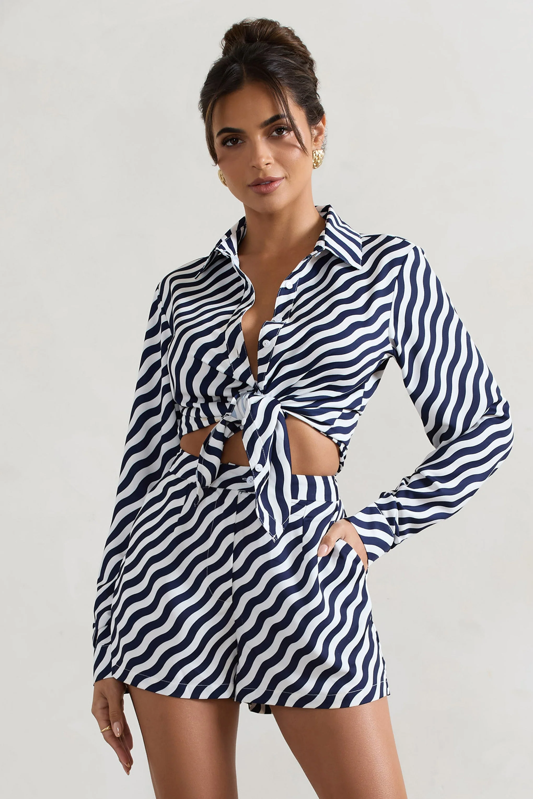 Ryder | Navy Wave Print Satin Tie-Front Shirt