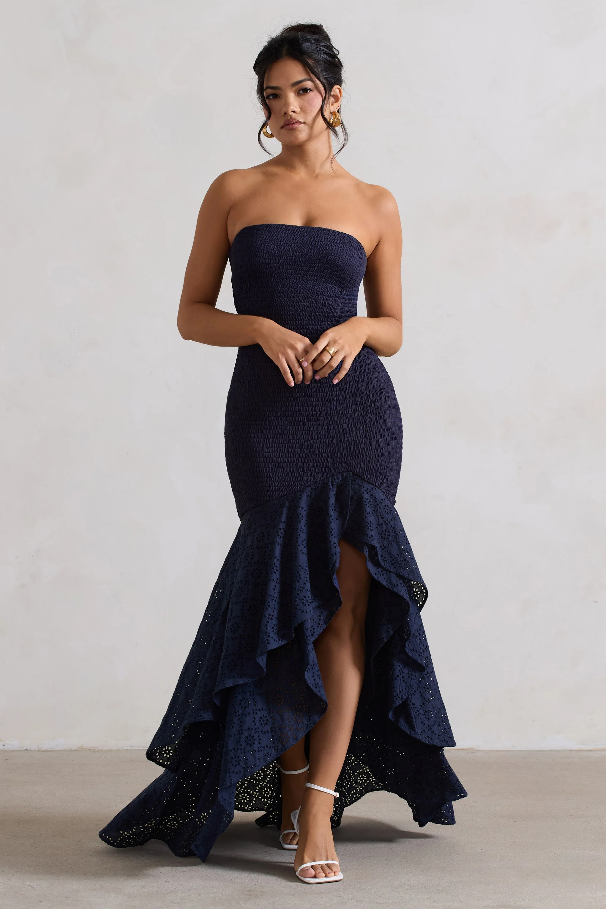 Solange | Navy Broderie Bandeau High-Low Maxi Dress