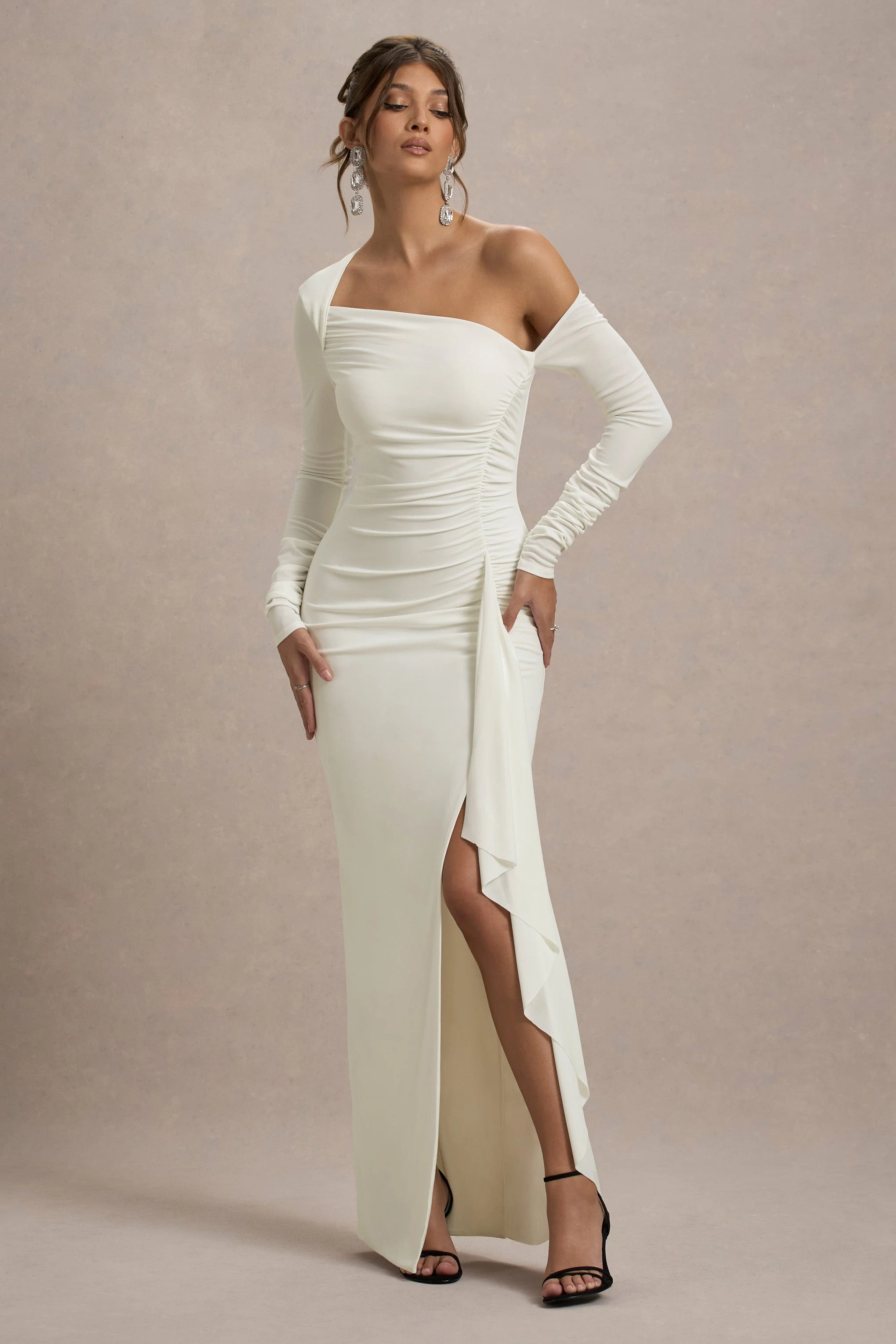 Nerina | Cream Asymmetric Long-Sleeve Split Maxi Dress