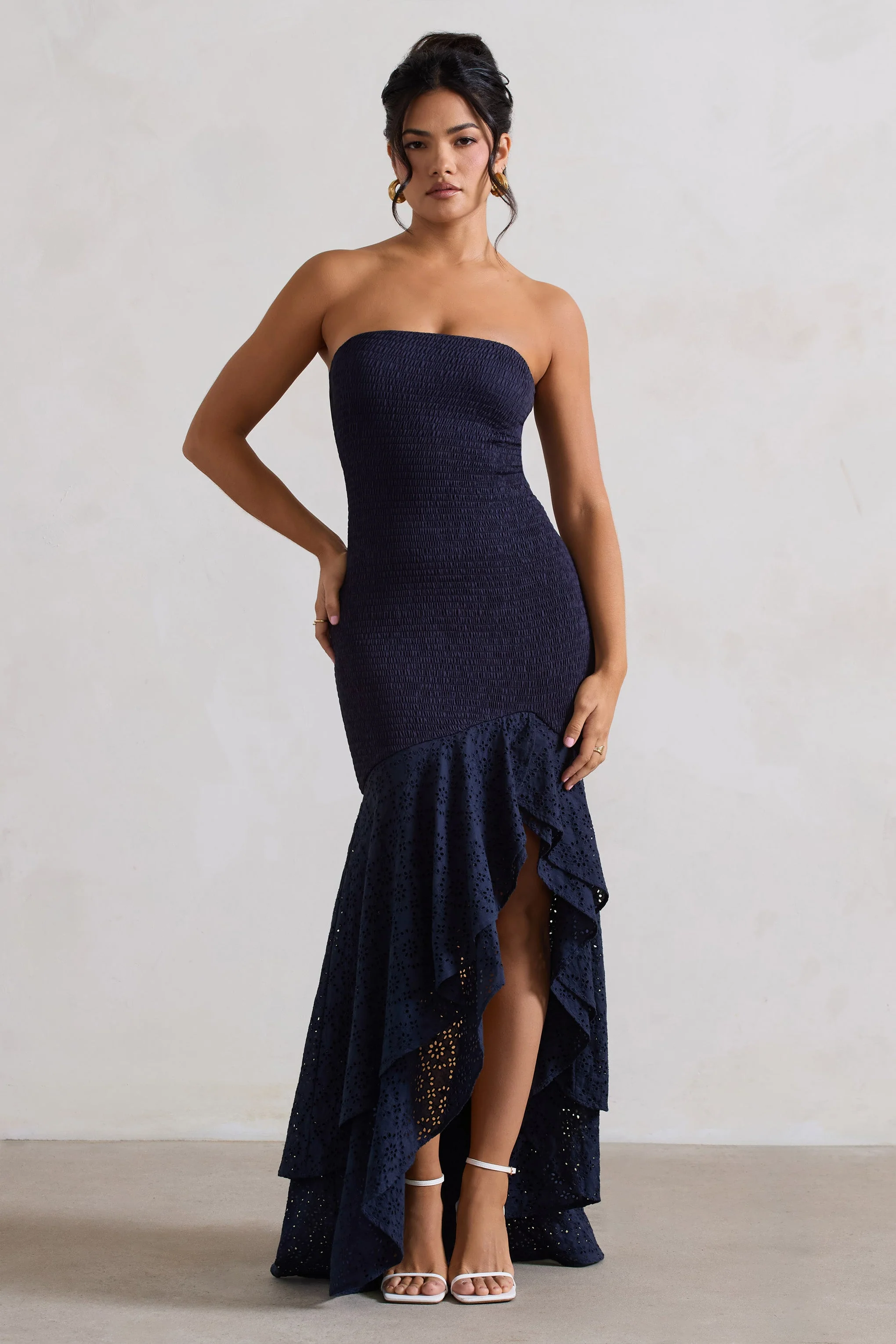 Solange | Navy Broderie Bandeau High-Low Maxi Dress