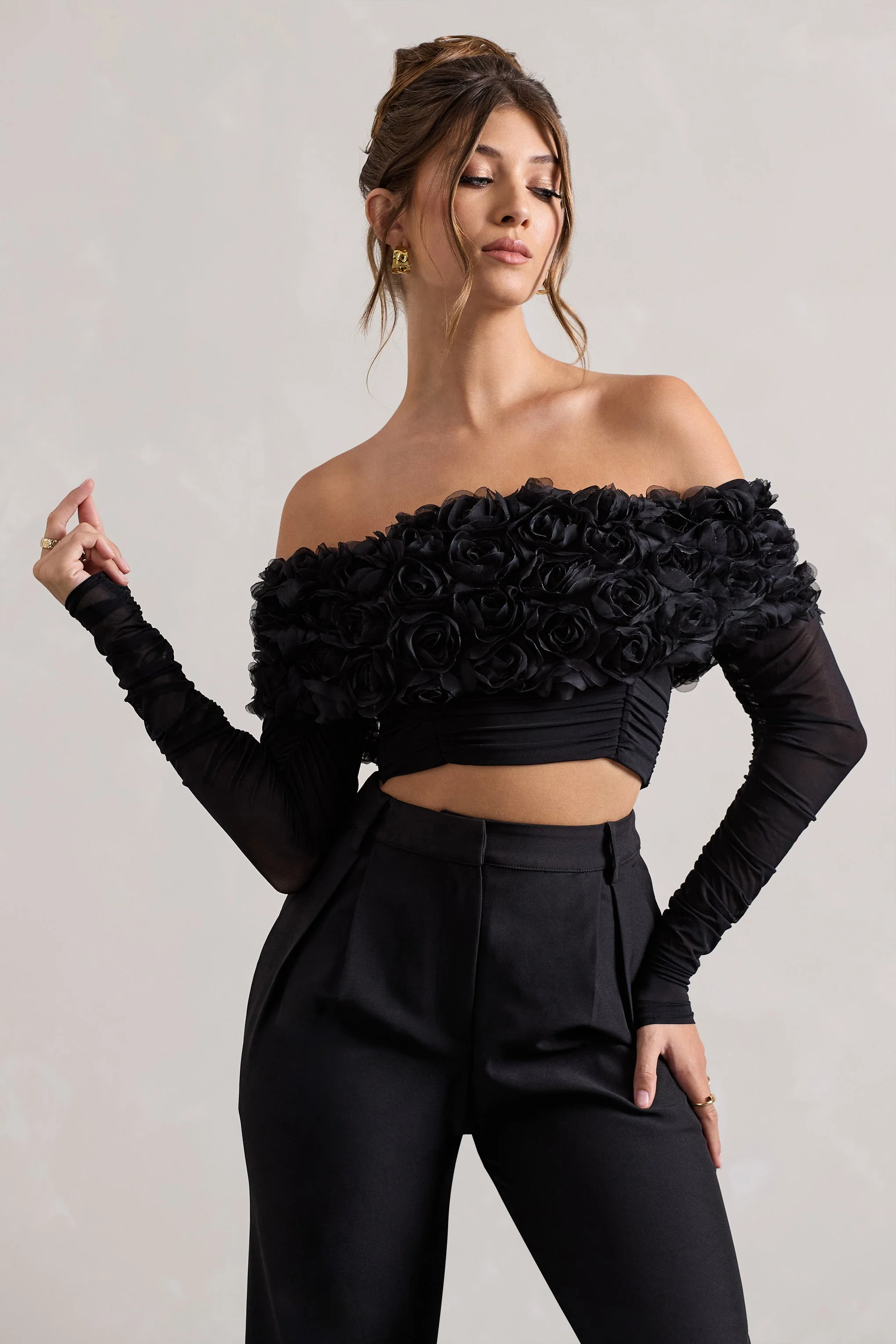 Libbie | Black Mesh Floral Bardot Top