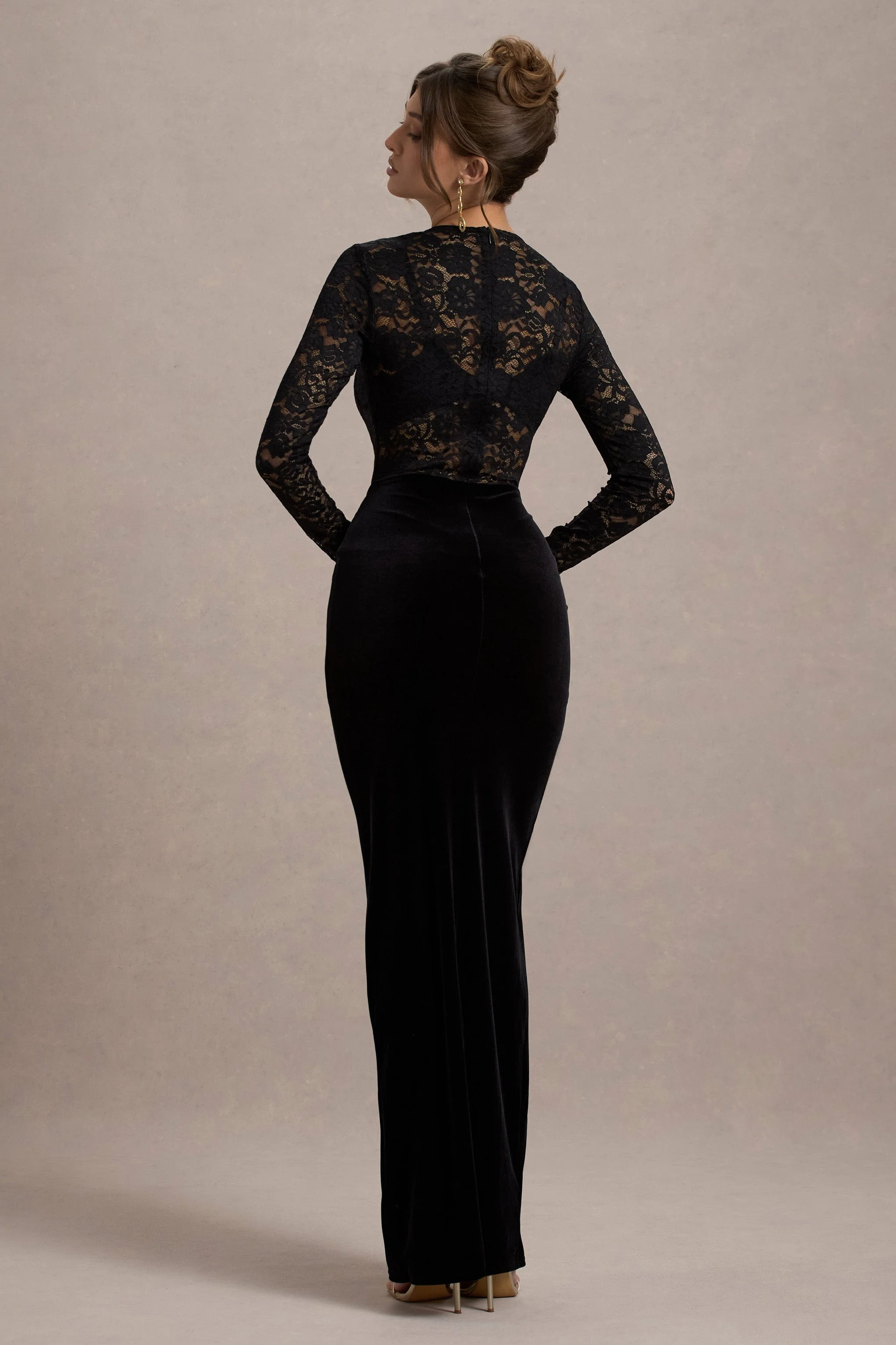 Loving Look | Black Lace Long-Sleeve Twisted Split Maxi Dress