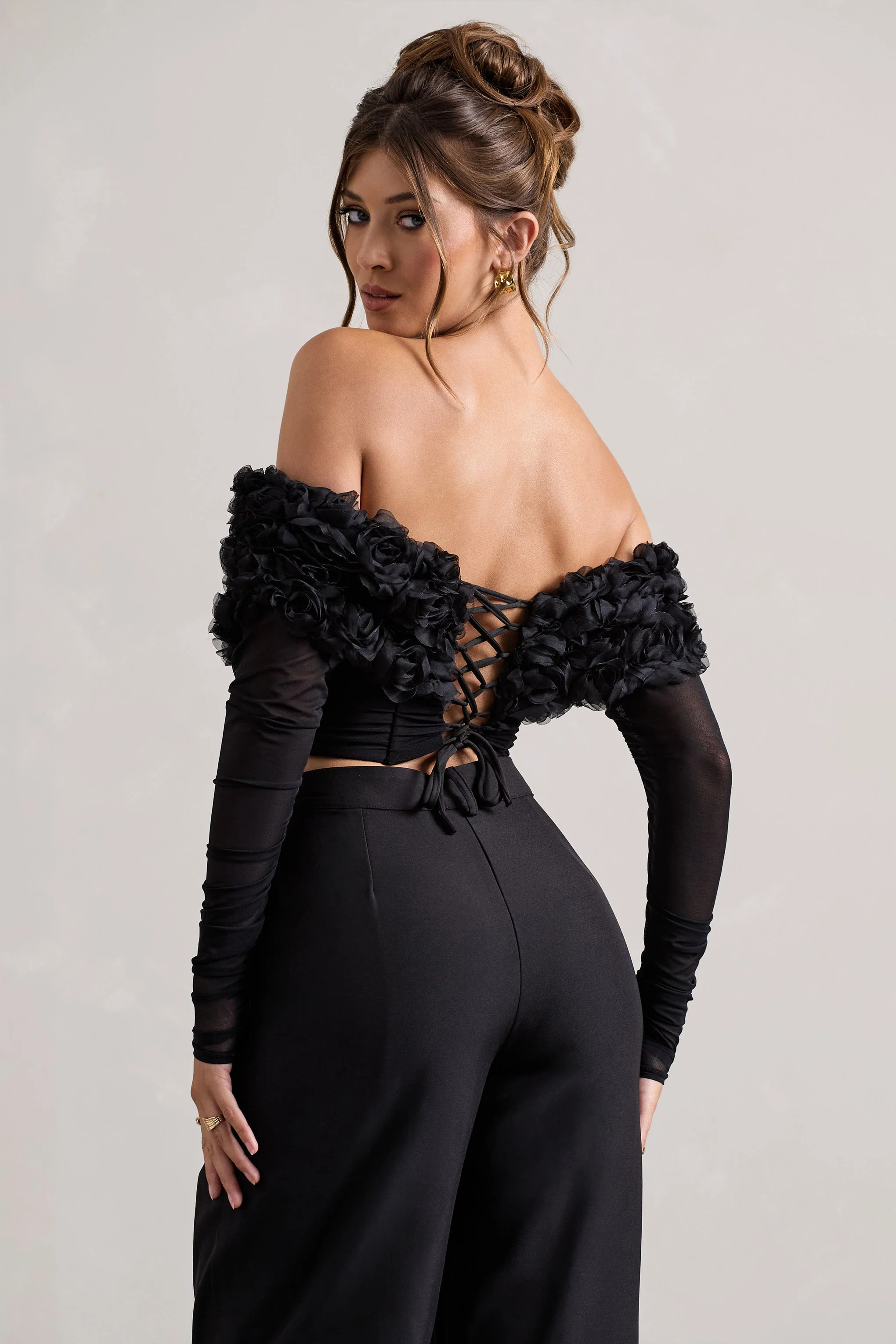 Libbie | Black Mesh Floral Bardot Top