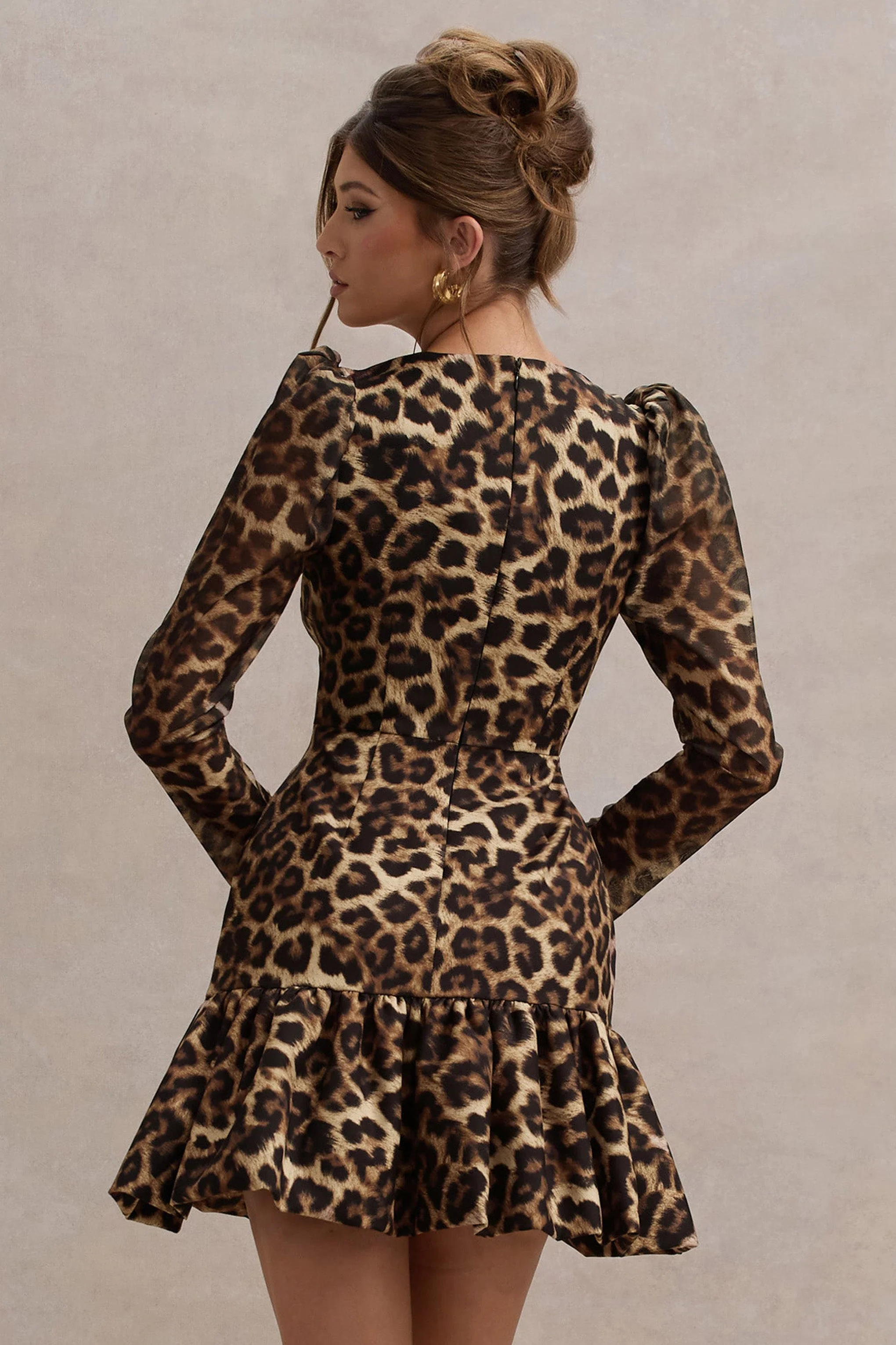 Ombra | Leopard Print Square-Neck Long-Sleeve Mini Dress With Ruffle Hem