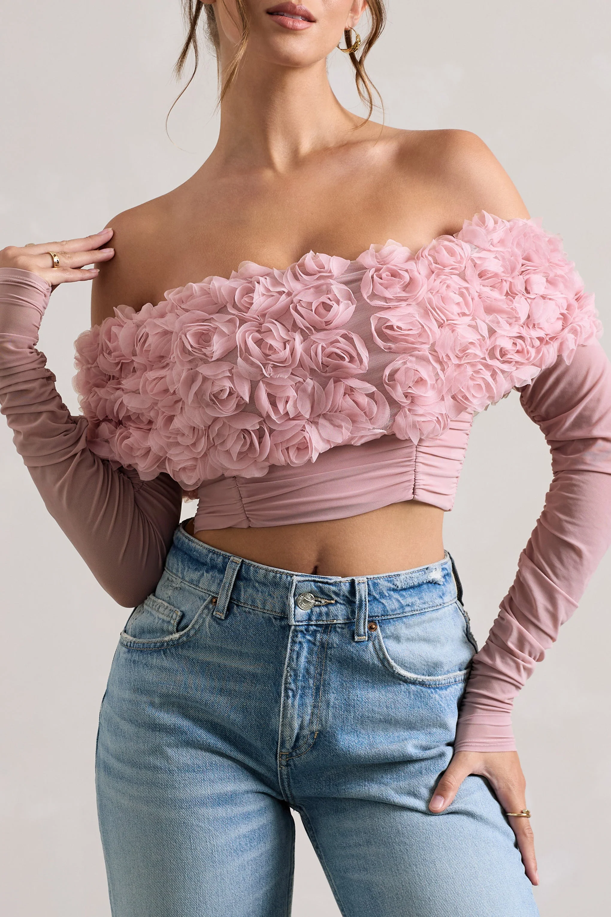 Libbie | Pink Mesh Floral Bardot Top