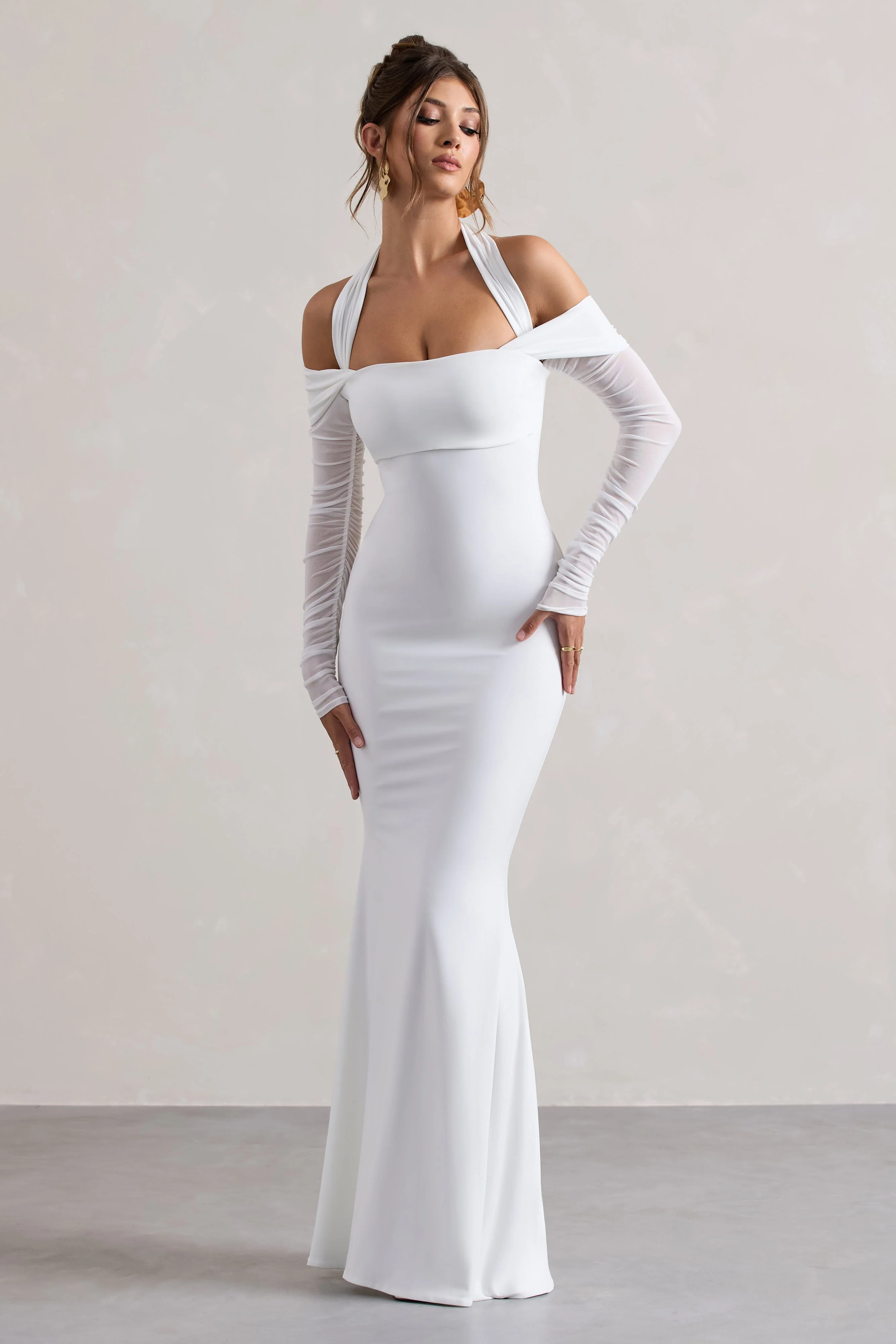 Malisha | White Halter-Neck Long-Sleeve  Maxi Dress