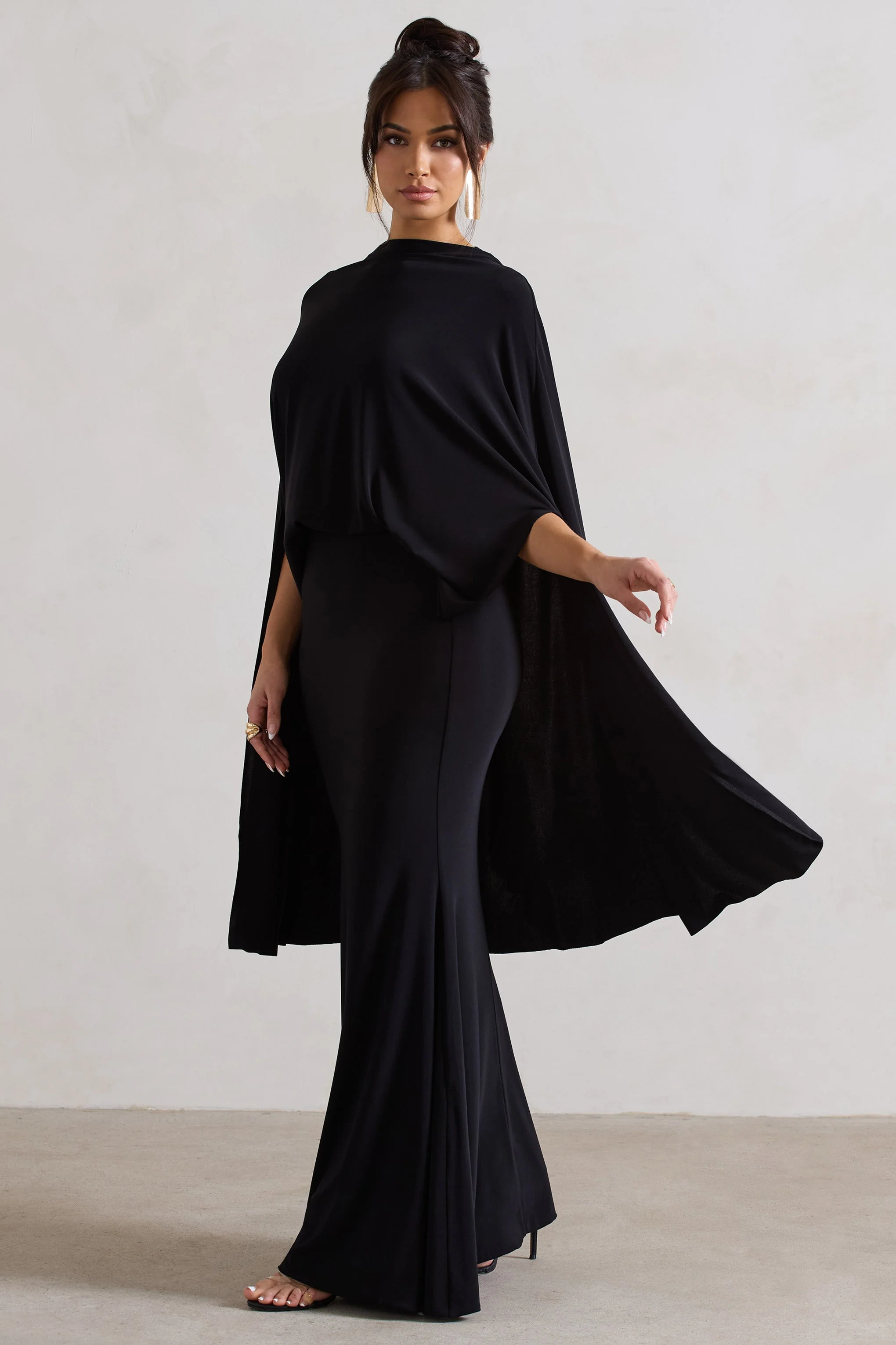 Charmaine | Black High-Neck Maxi Dress With Cape