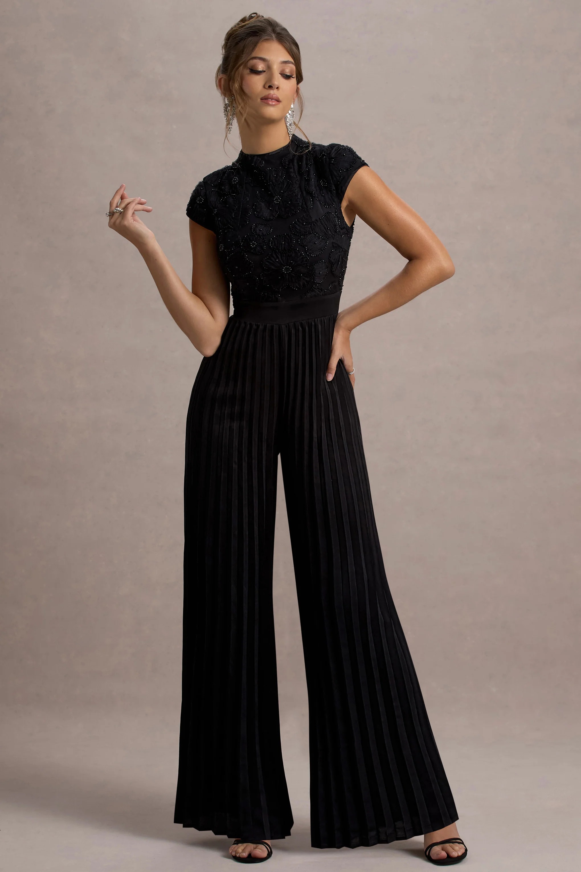 Tanner | Black Cap-Sleeve Plisse Wide-Leg Jumpsuit
