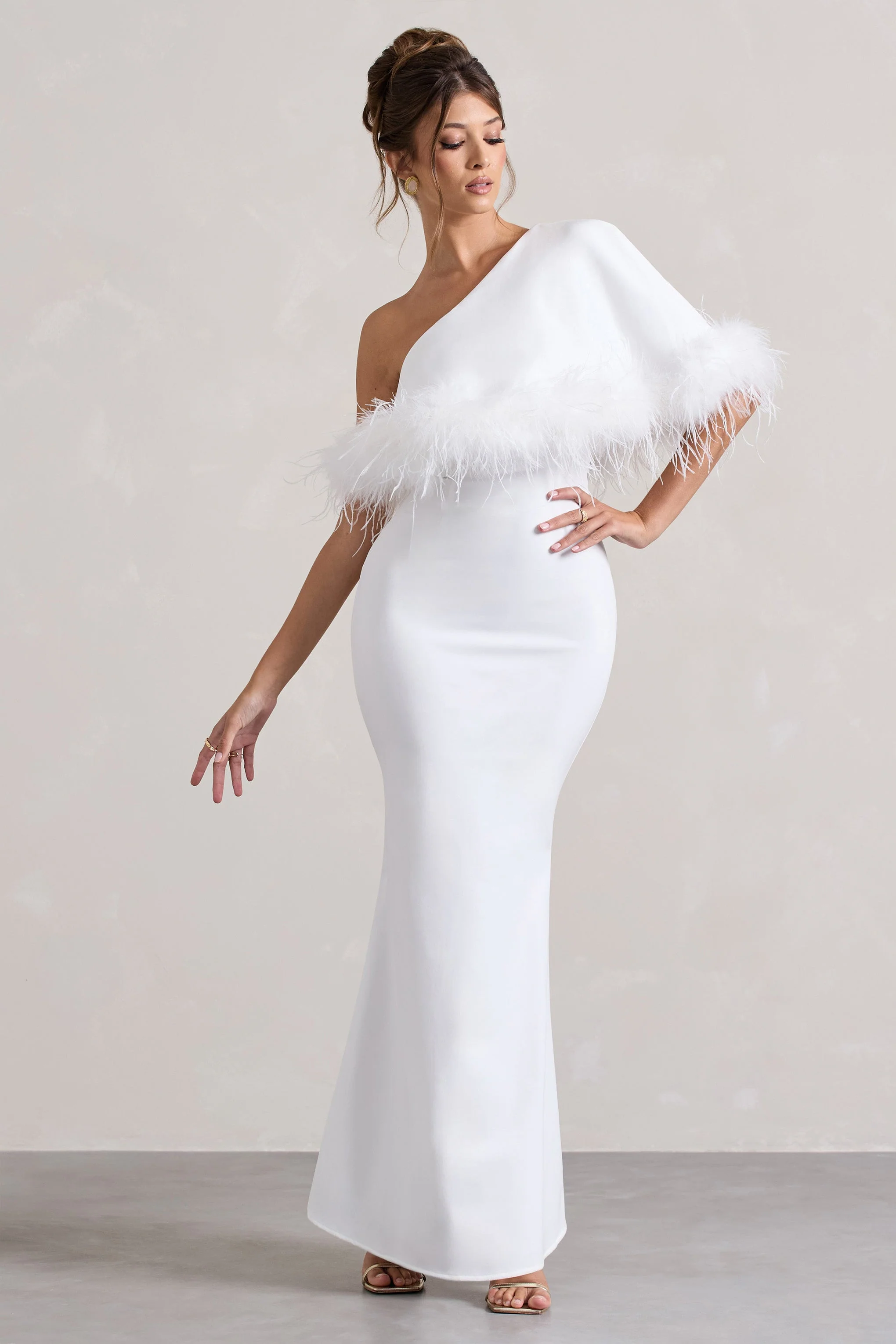 Valor | White Asymmetric Maxi Dress With Feather Trim