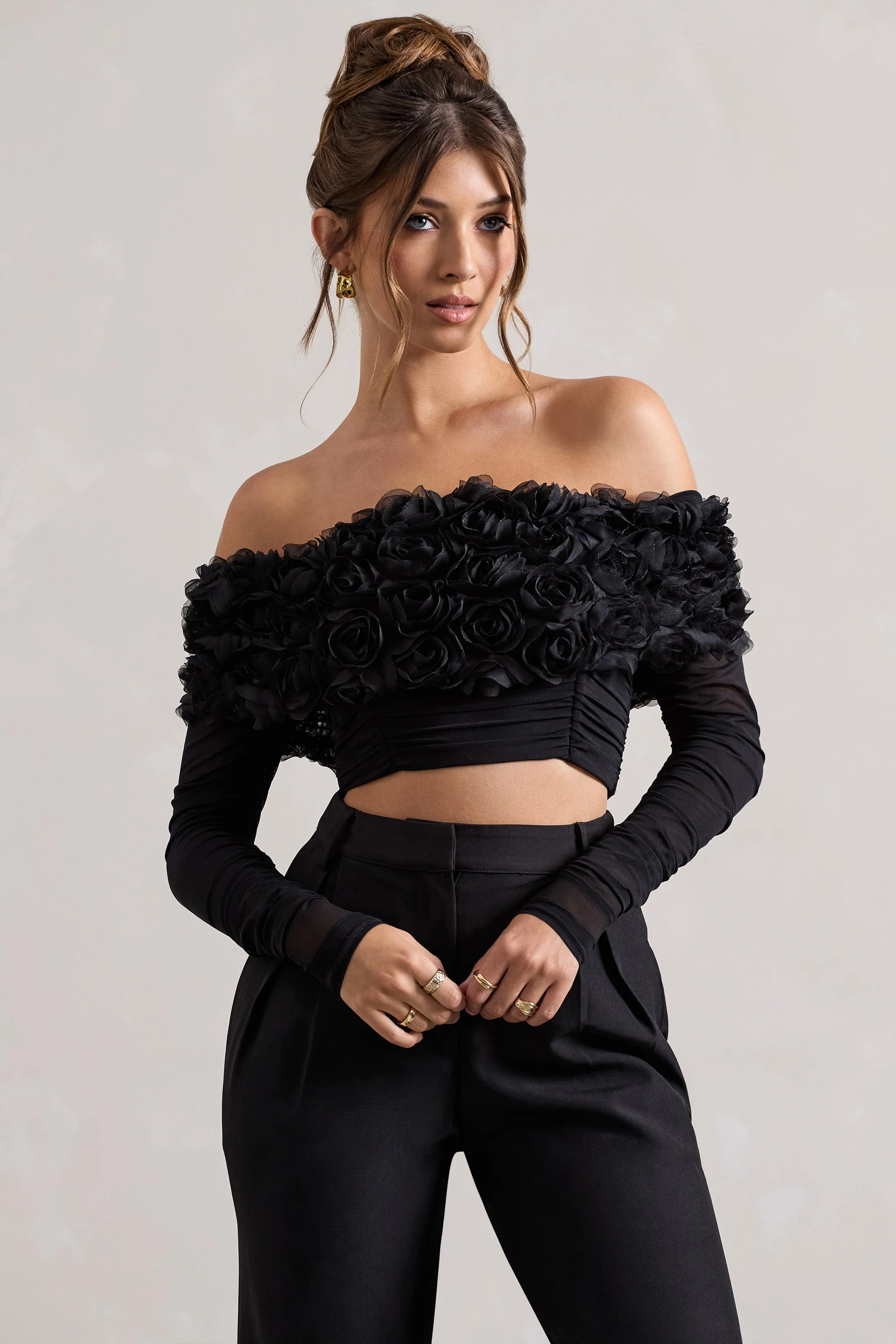 Libbie | Black Mesh Floral Bardot Top
