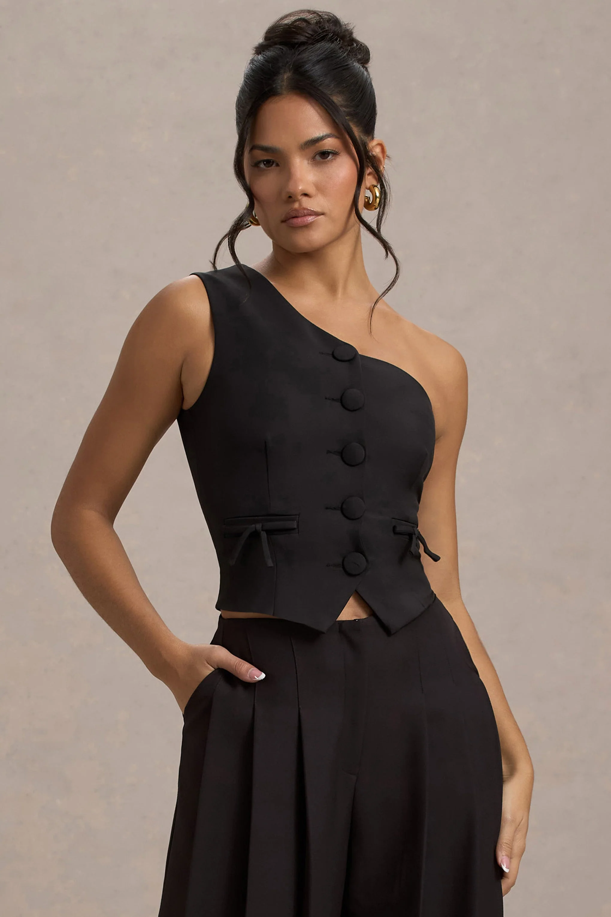 Lelia | Black One Shoulder Tailored Top With Bows