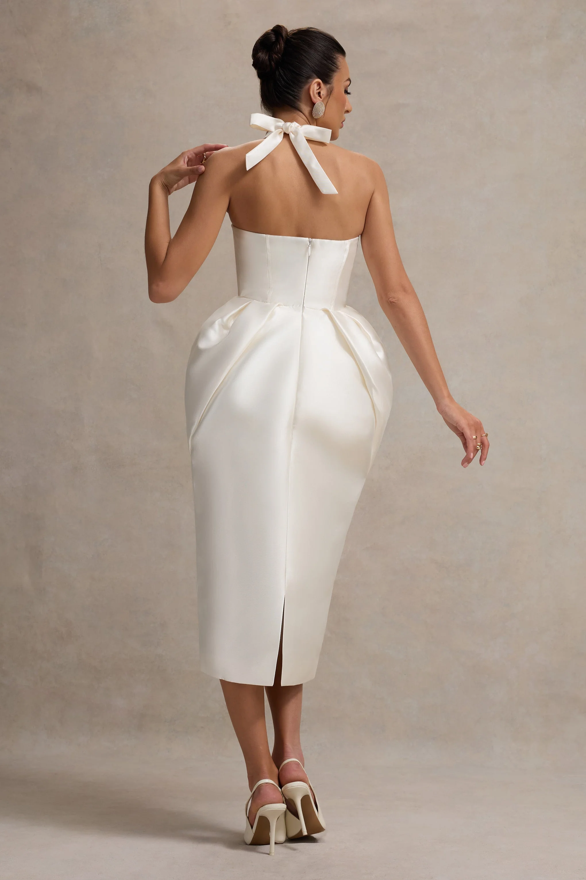 Cosetta | White Halter-Neck Midi Dress With Tulip Skirt