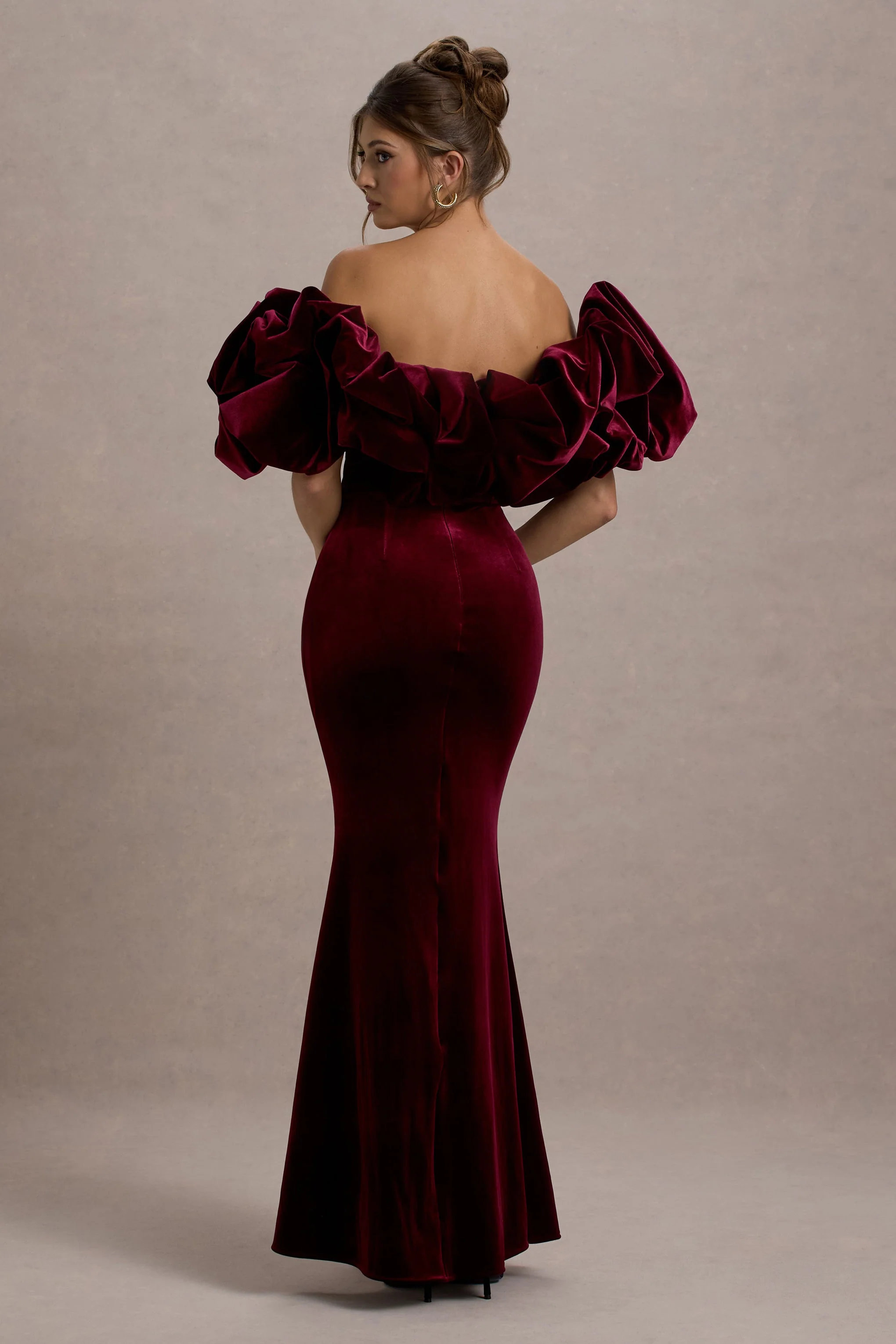 Cecily | Port Velvet Bardot Maxi Dress With Velvet Ruffle Trim