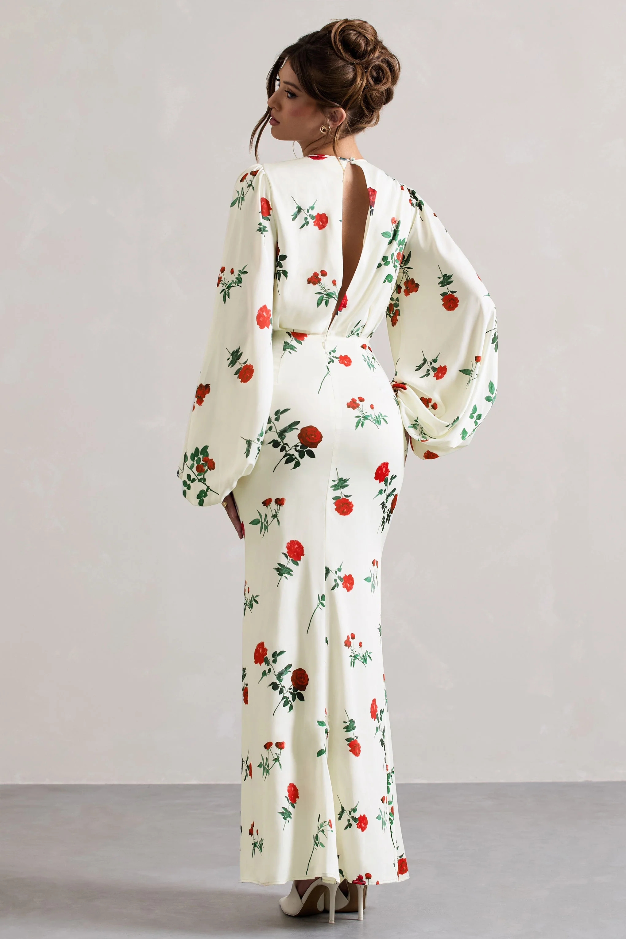 Wild Rose | Rose Print Satin Puff-Sleeve Cut-Out Maxi Dress