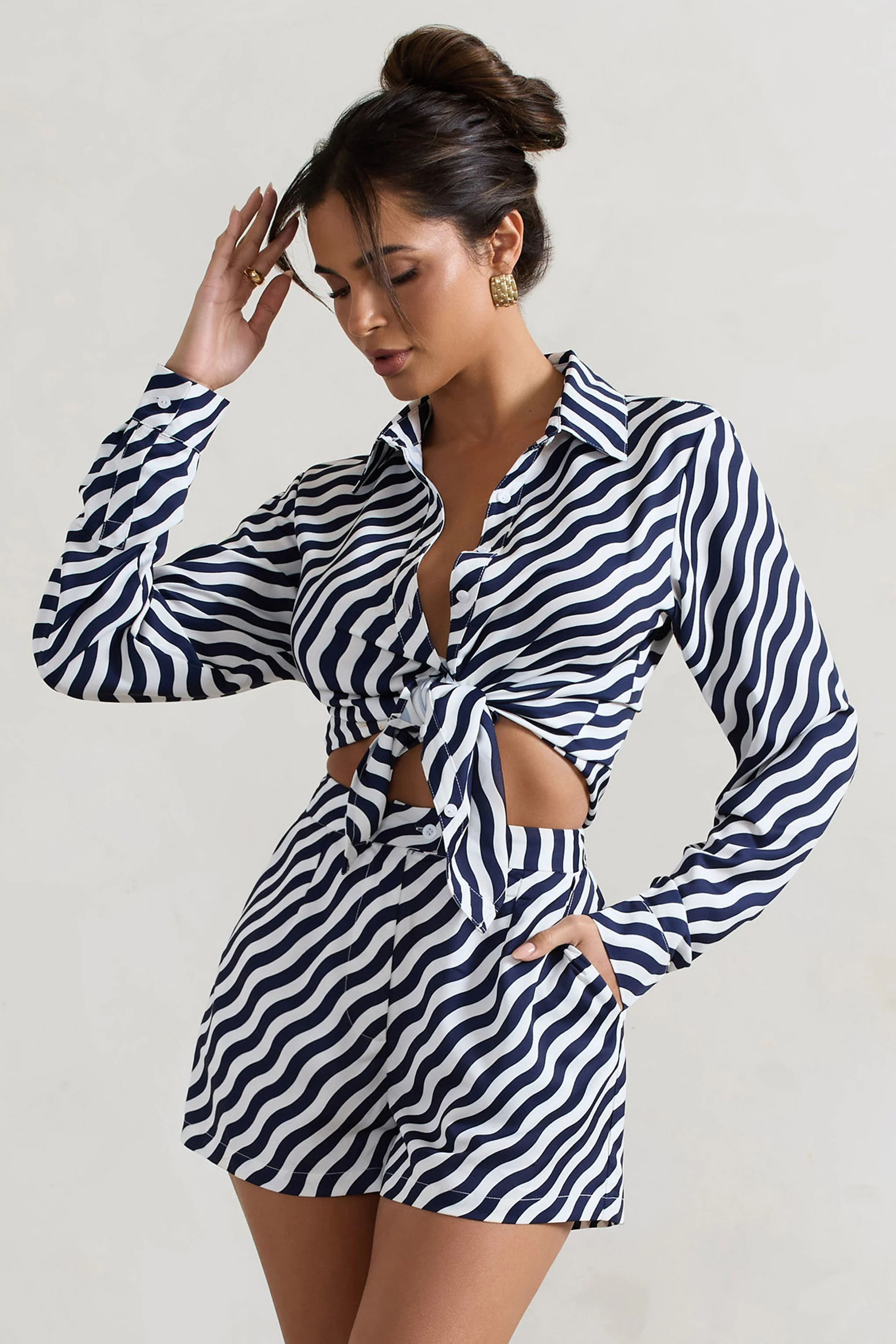Ryder | Navy Wave Print Satin Tie-Front Shirt