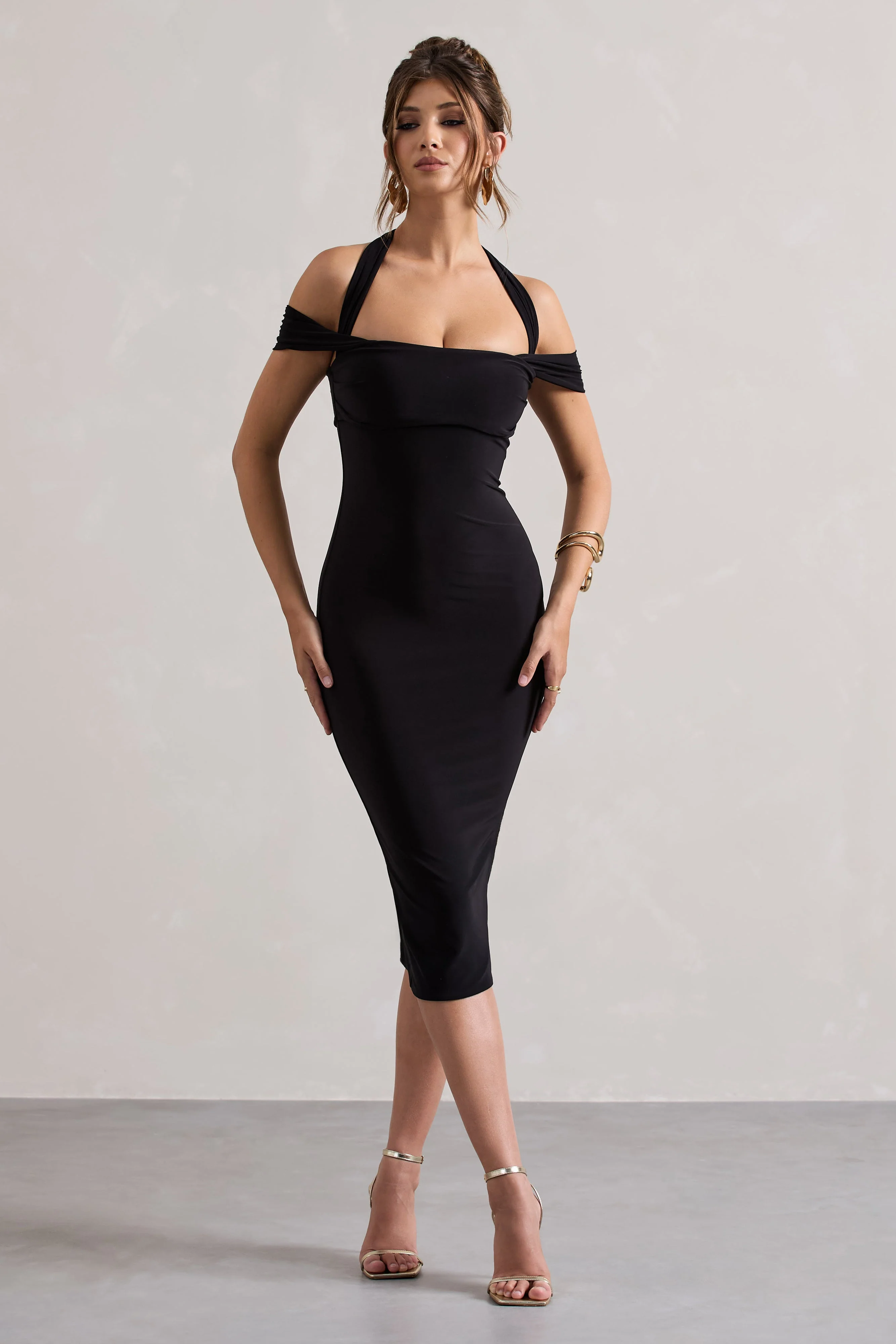 Marla | Black Halter-Neck Draped-Sleeve Midi Dress