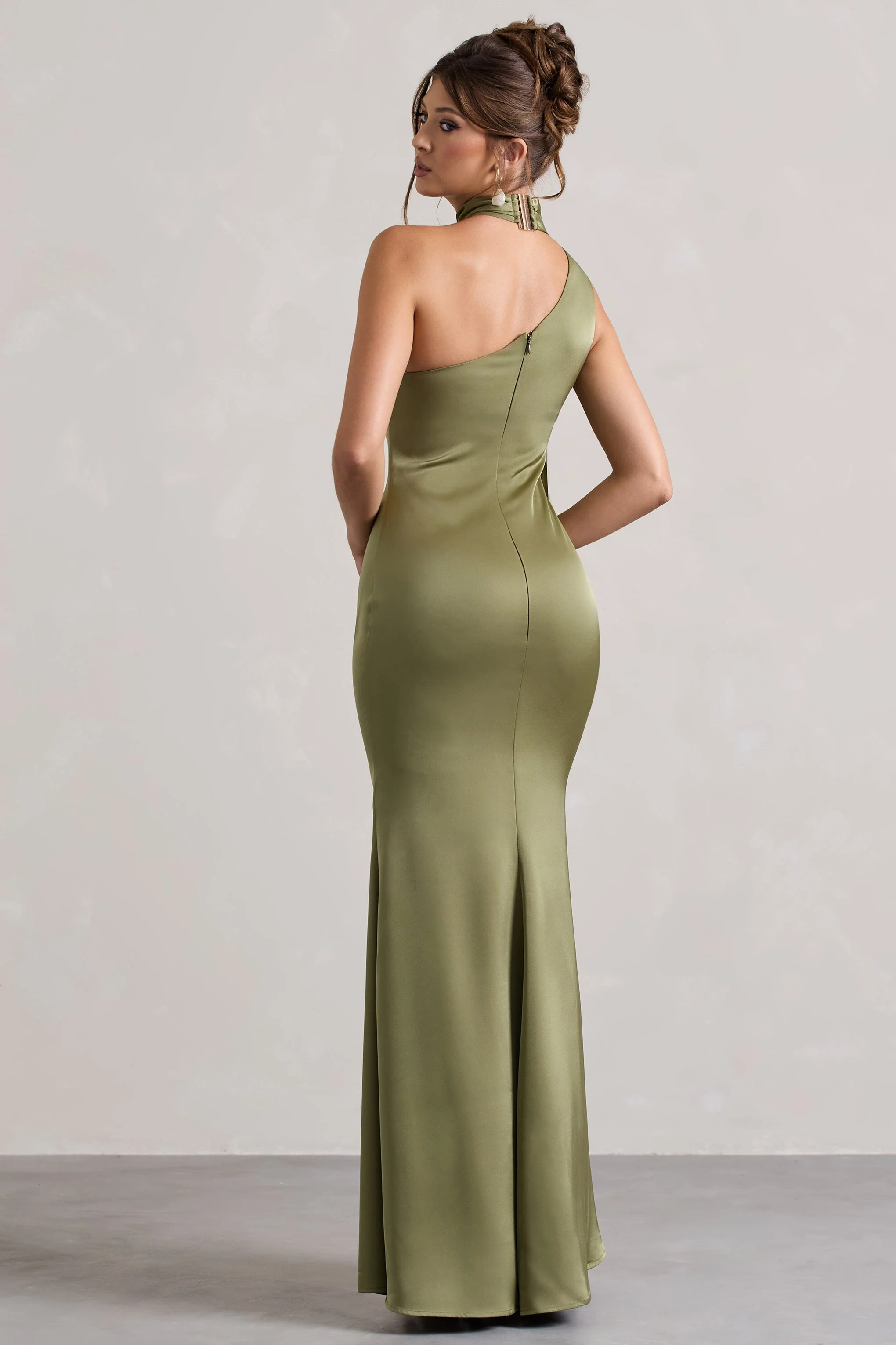 Sancia | Olive Satin Asymmetric Maxi Dress With Sash