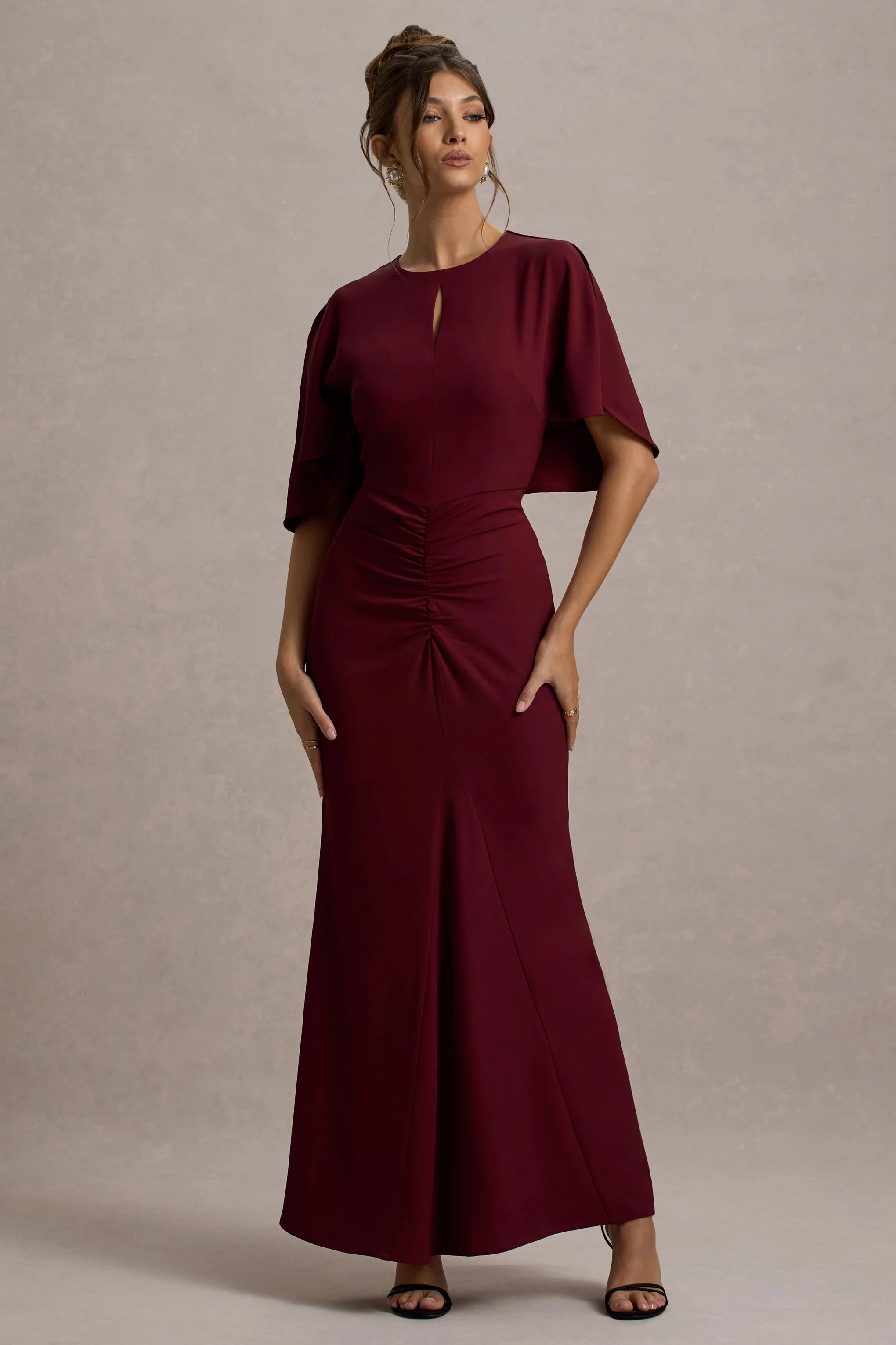 Allison | Berry High-Neck Maxi Dress With Cape