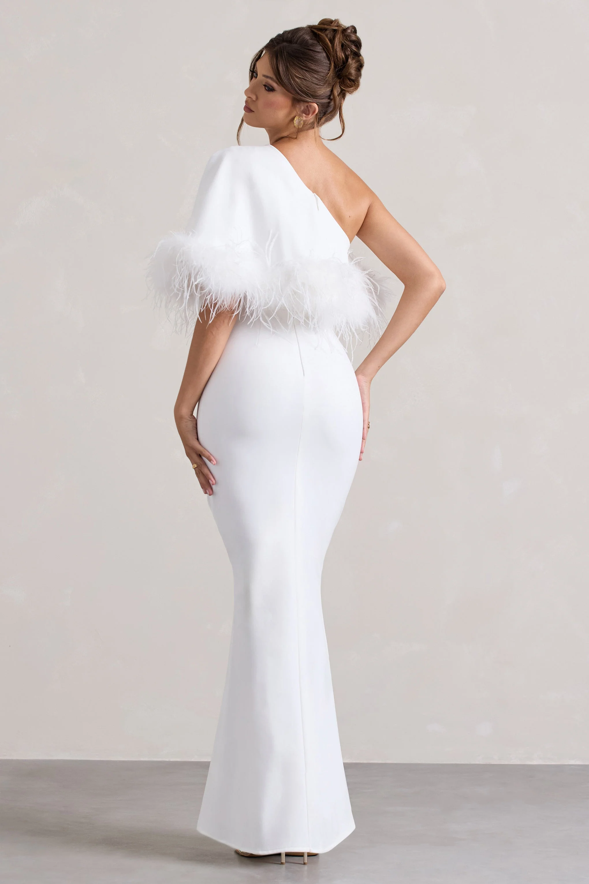Valor | White Asymmetric Maxi Dress With Feather Trim
