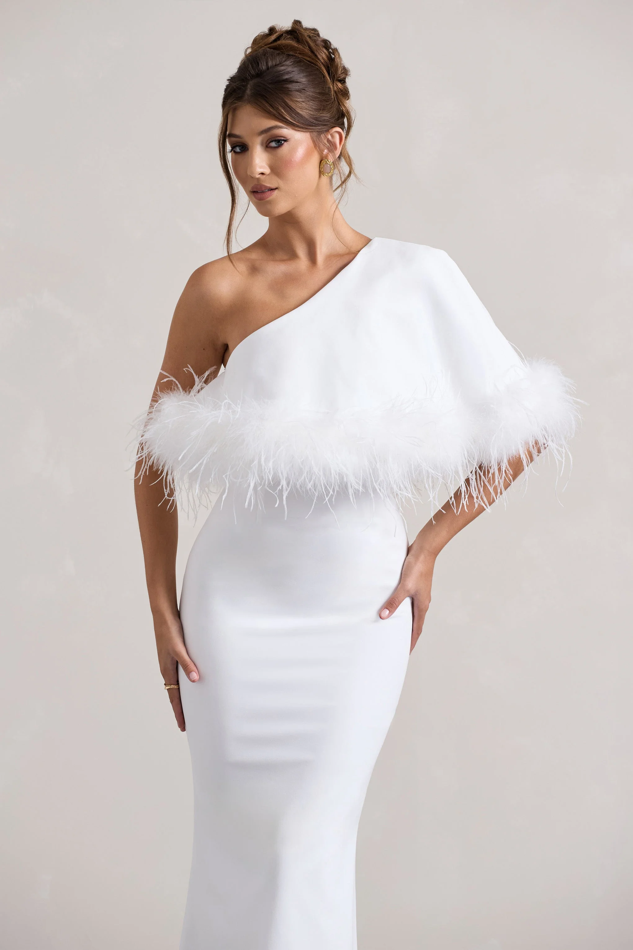 Valor | White Asymmetric Maxi Dress With Feather Trim