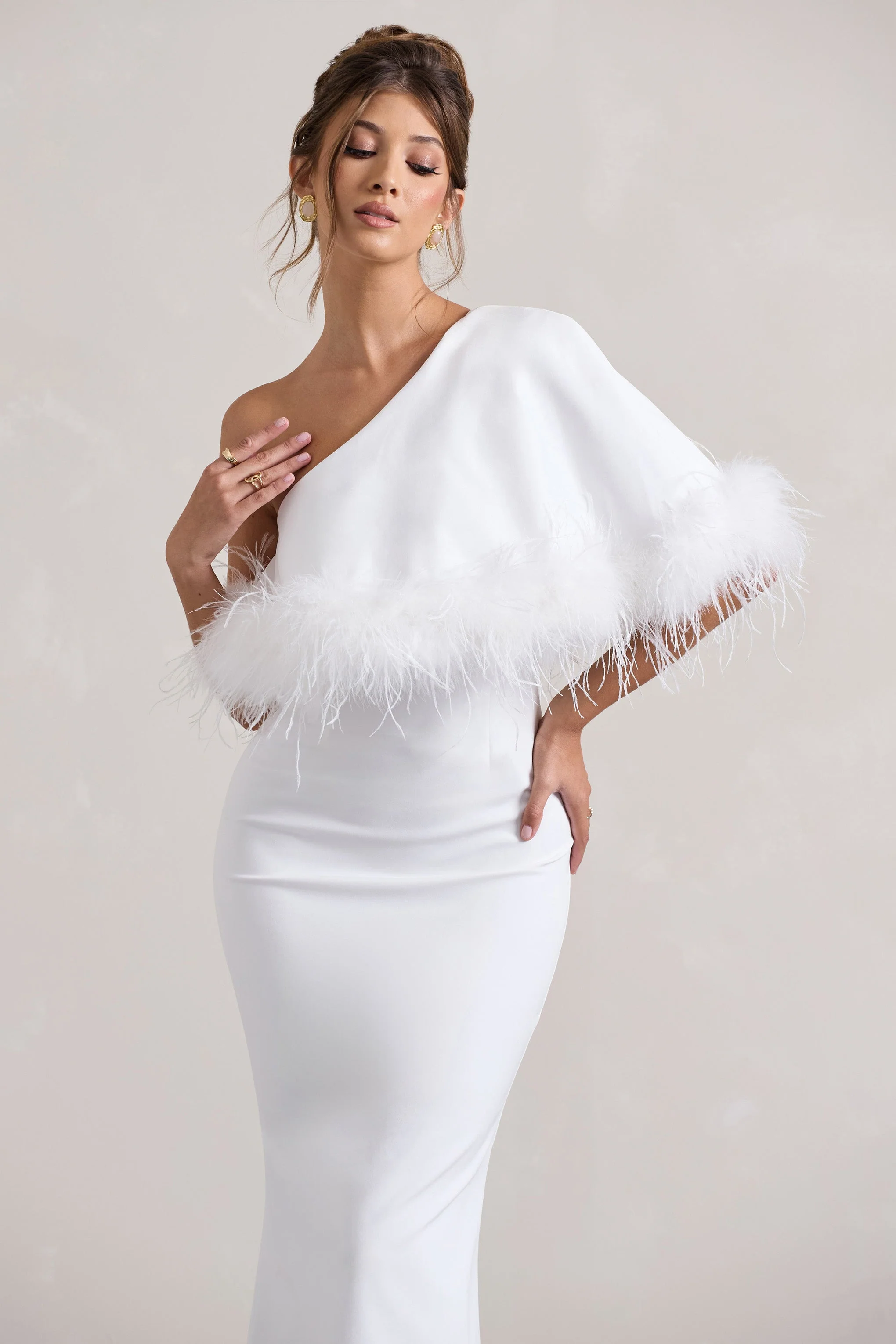 Valor | White Asymmetric Maxi Dress With Feather Trim