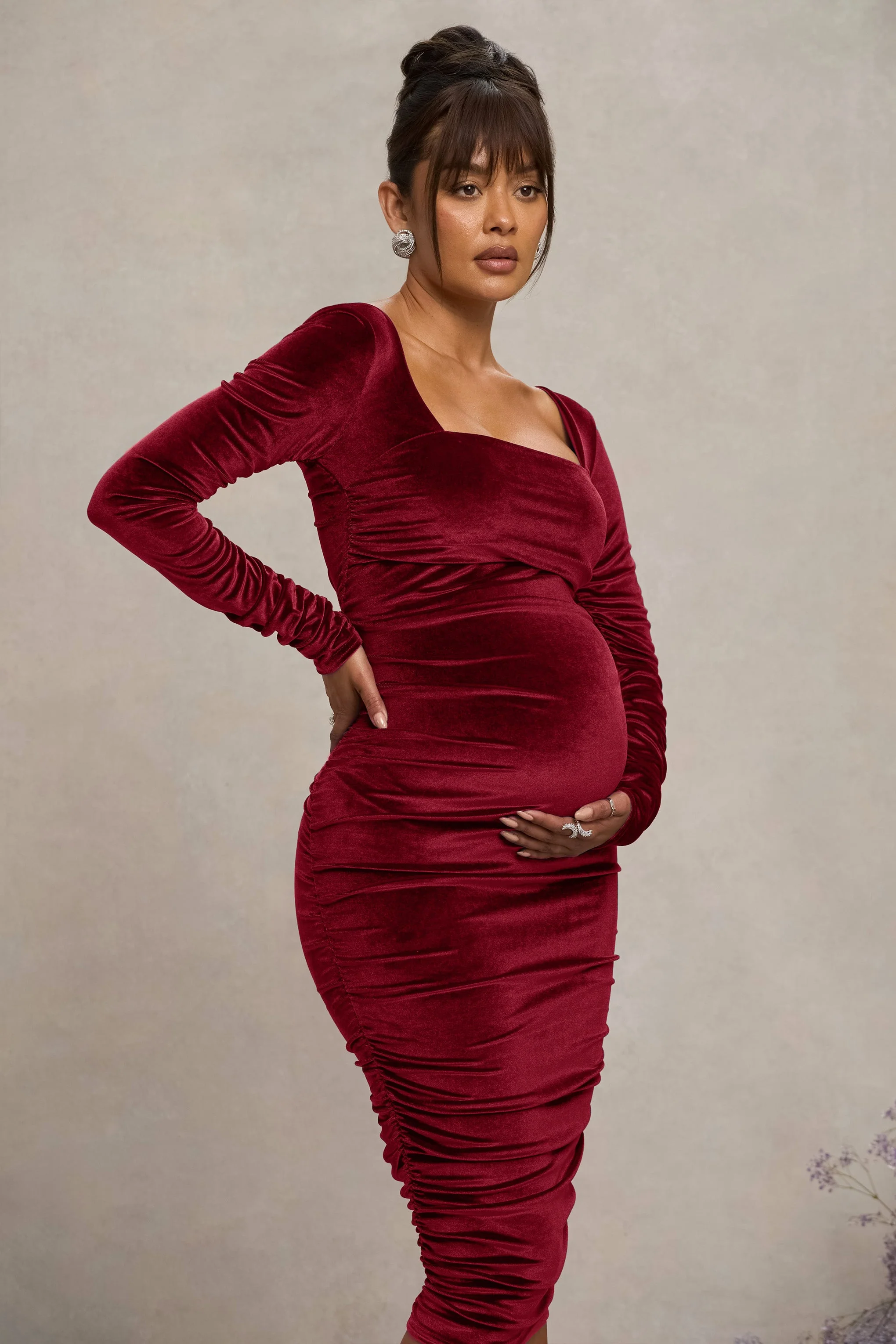 New Life | Berry Velvet Maternity Square Neck Ruched Midi Dress