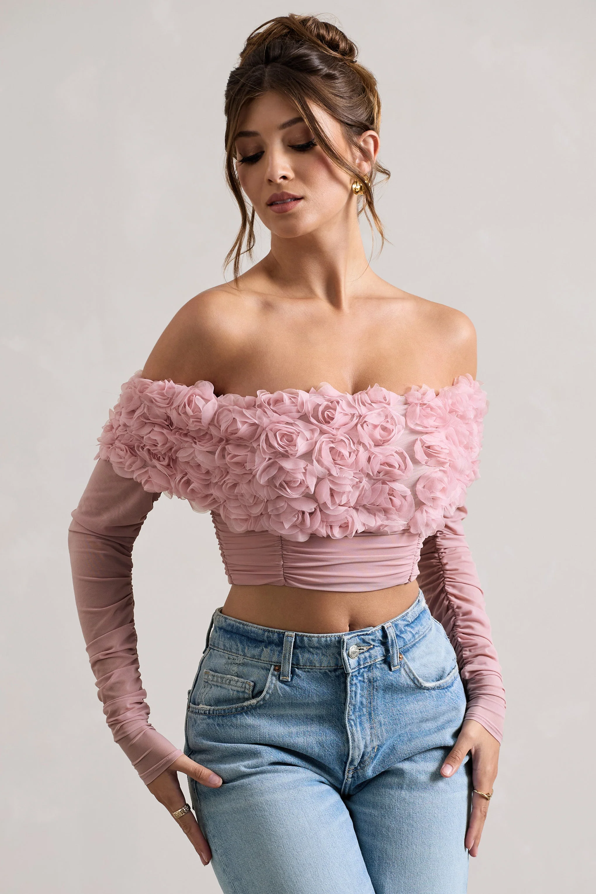 Libbie | Pink Mesh Floral Bardot Top