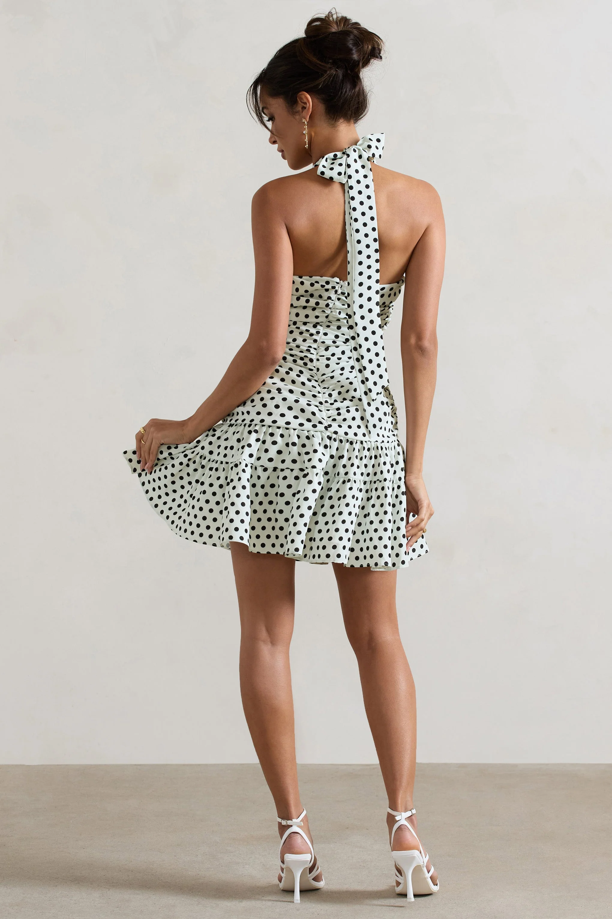Verde | Polka Dot V-Neck Ruched Mini Dress With Flared Hem