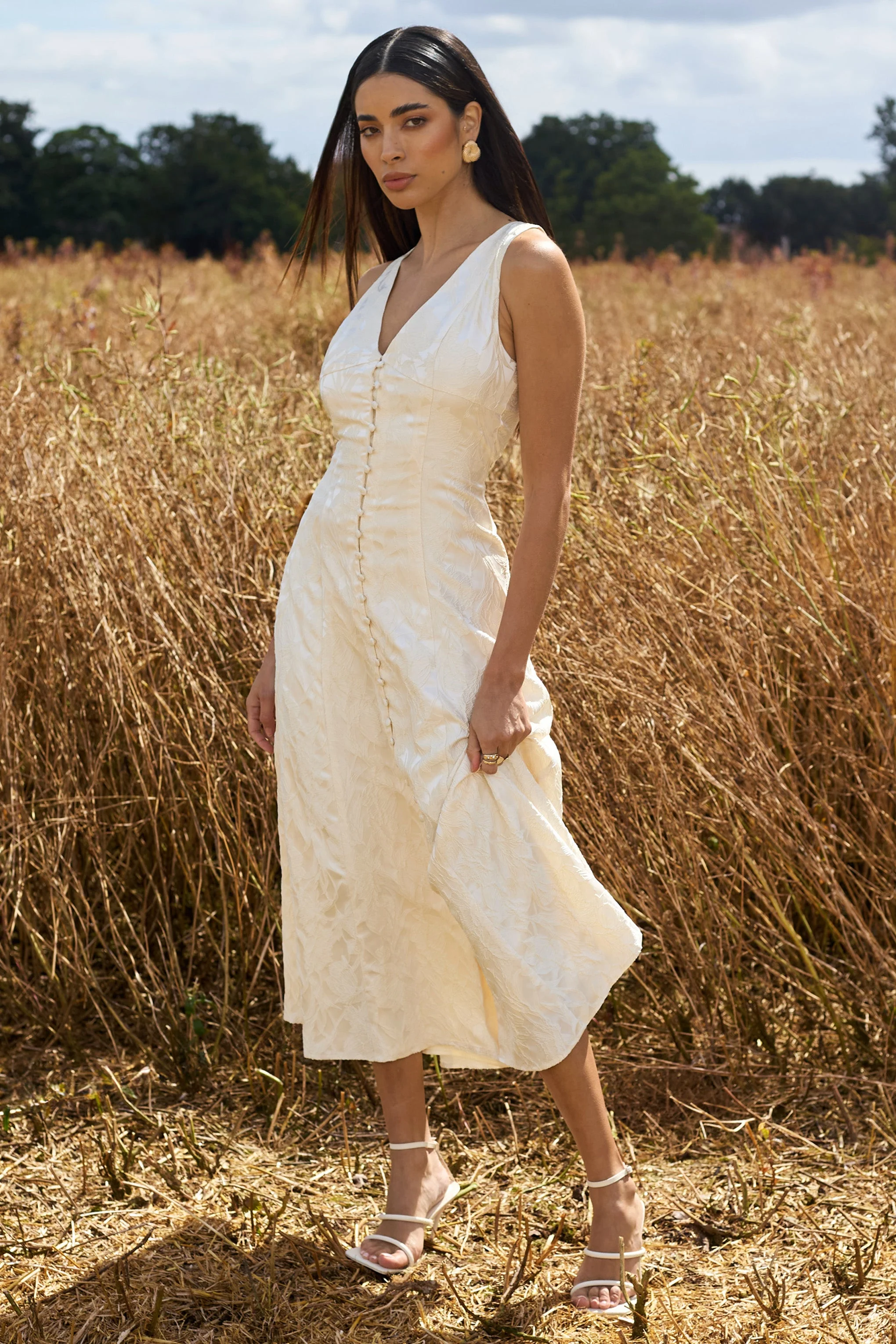 Mona | Ecru Jacquard Plunge-Neck Button Midi Dress