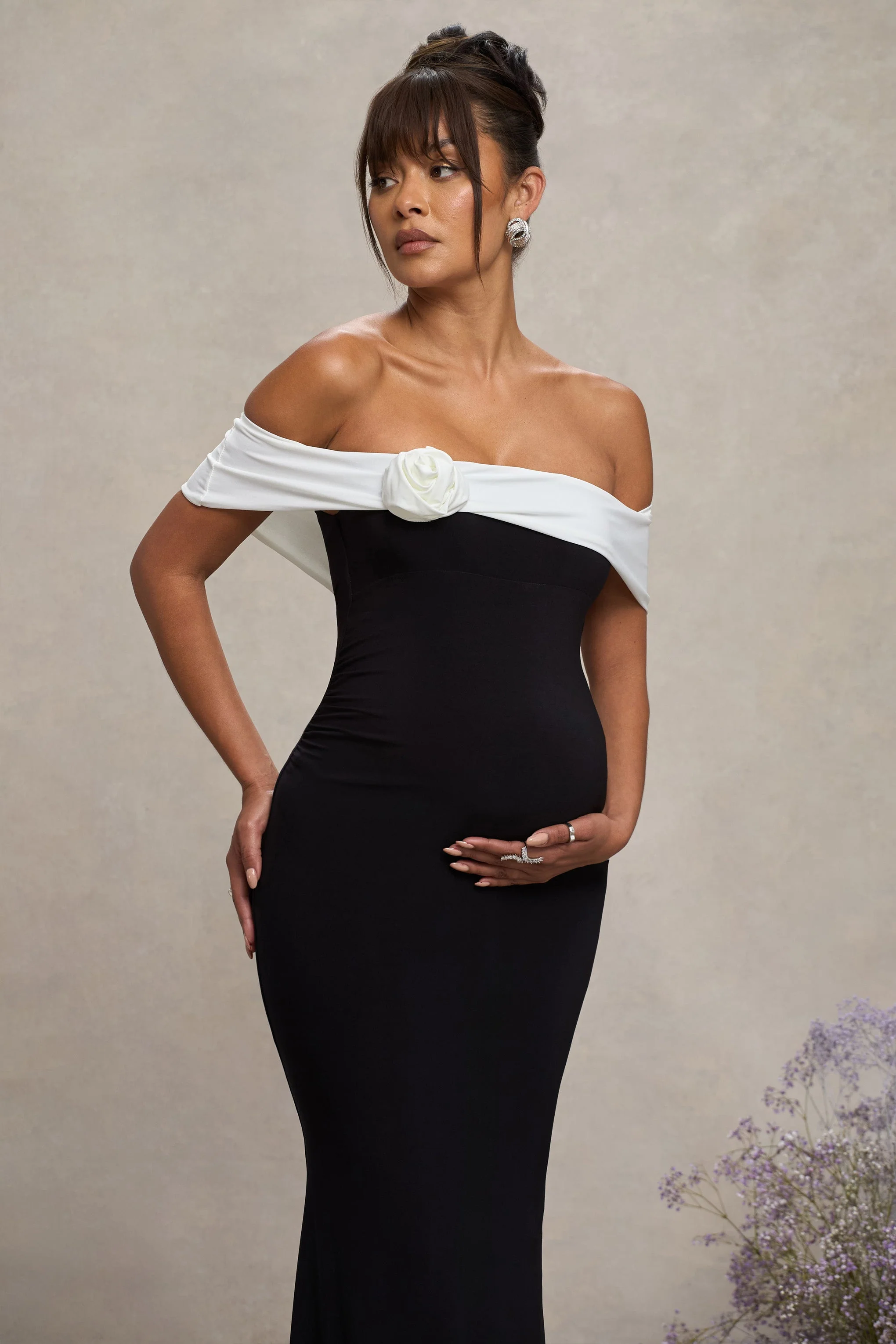 In Bloom | Black & White Bardot Maternity Maxi Dress With Flower