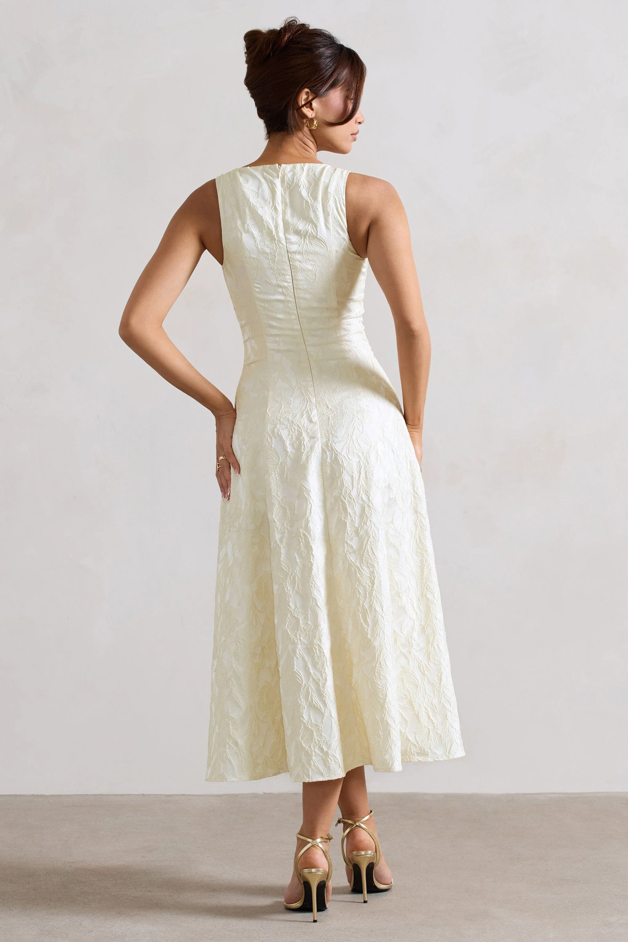 Mona | Ecru Jacquard Plunge-Neck Button Midi Dress