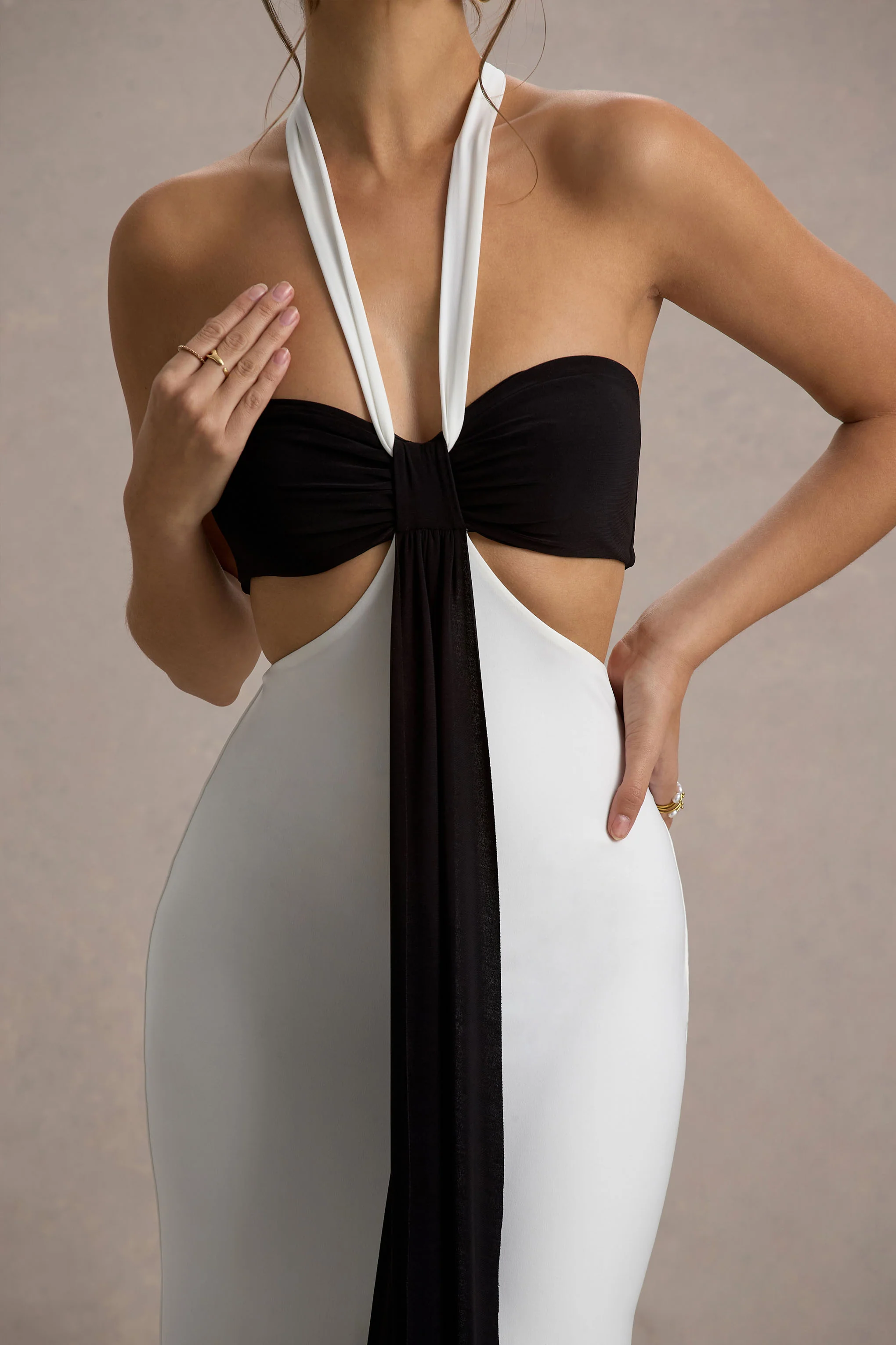 Acentis | Black & White Halter-Neck Cut-Out Maxi Dress